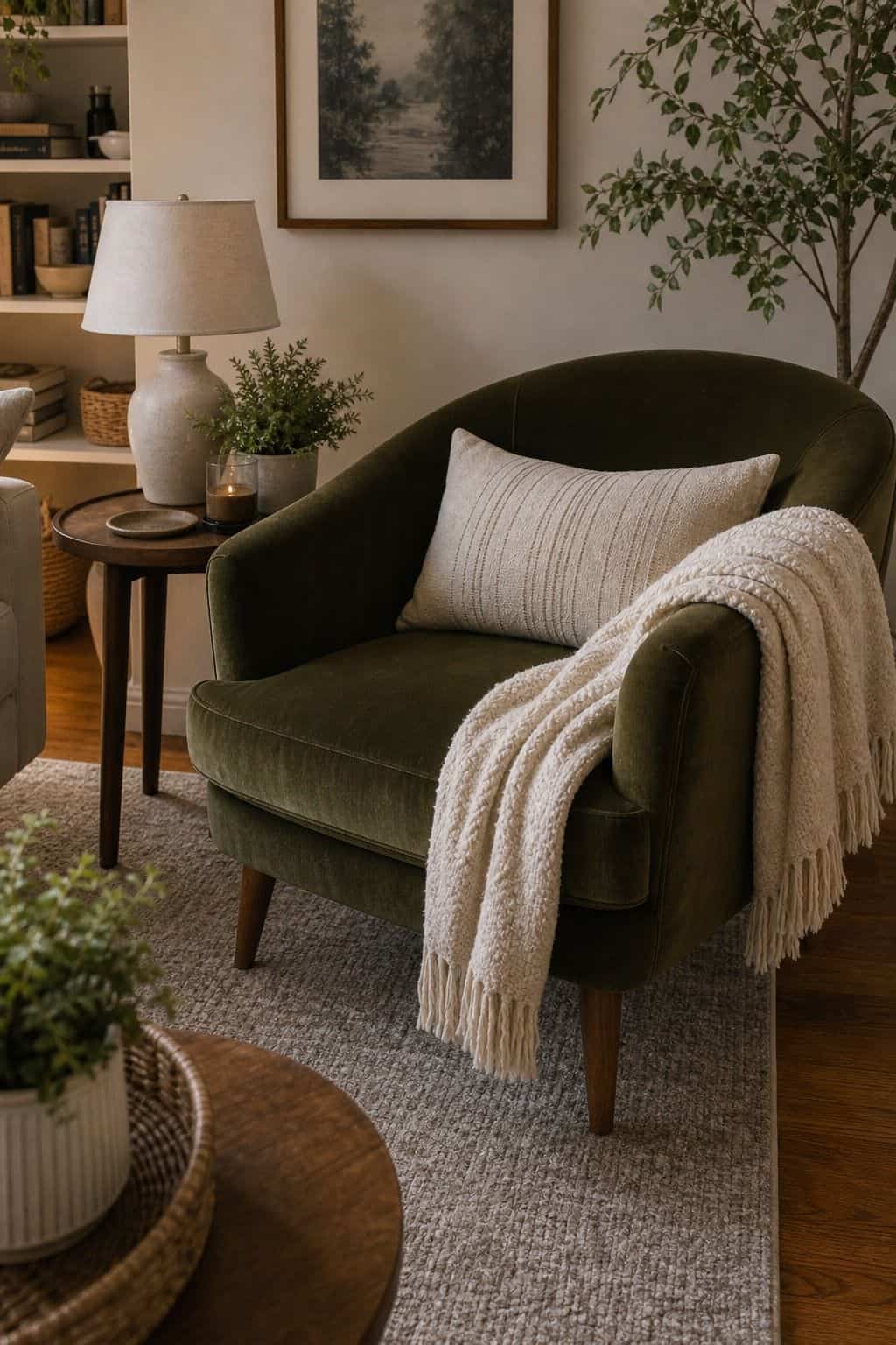 Velvet Accent Chair styled in a cozy small apartment living room