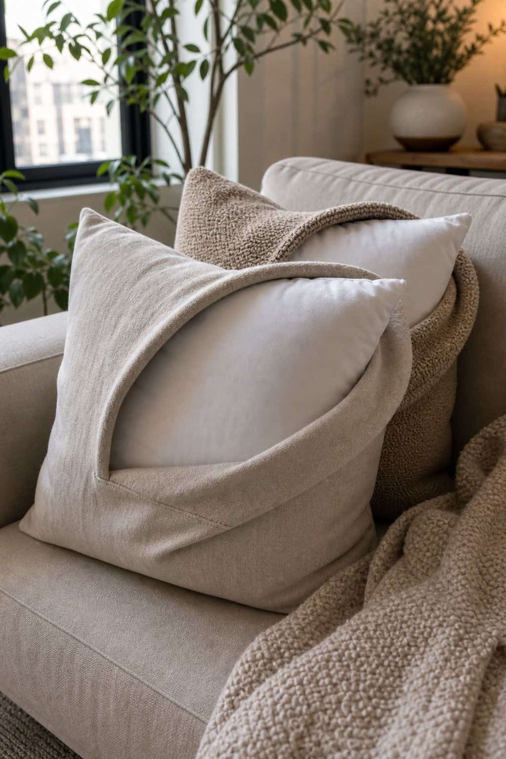 Fluffy 20x20 Pillow Inserts Set of 4 styled in a cozy small apartment living room