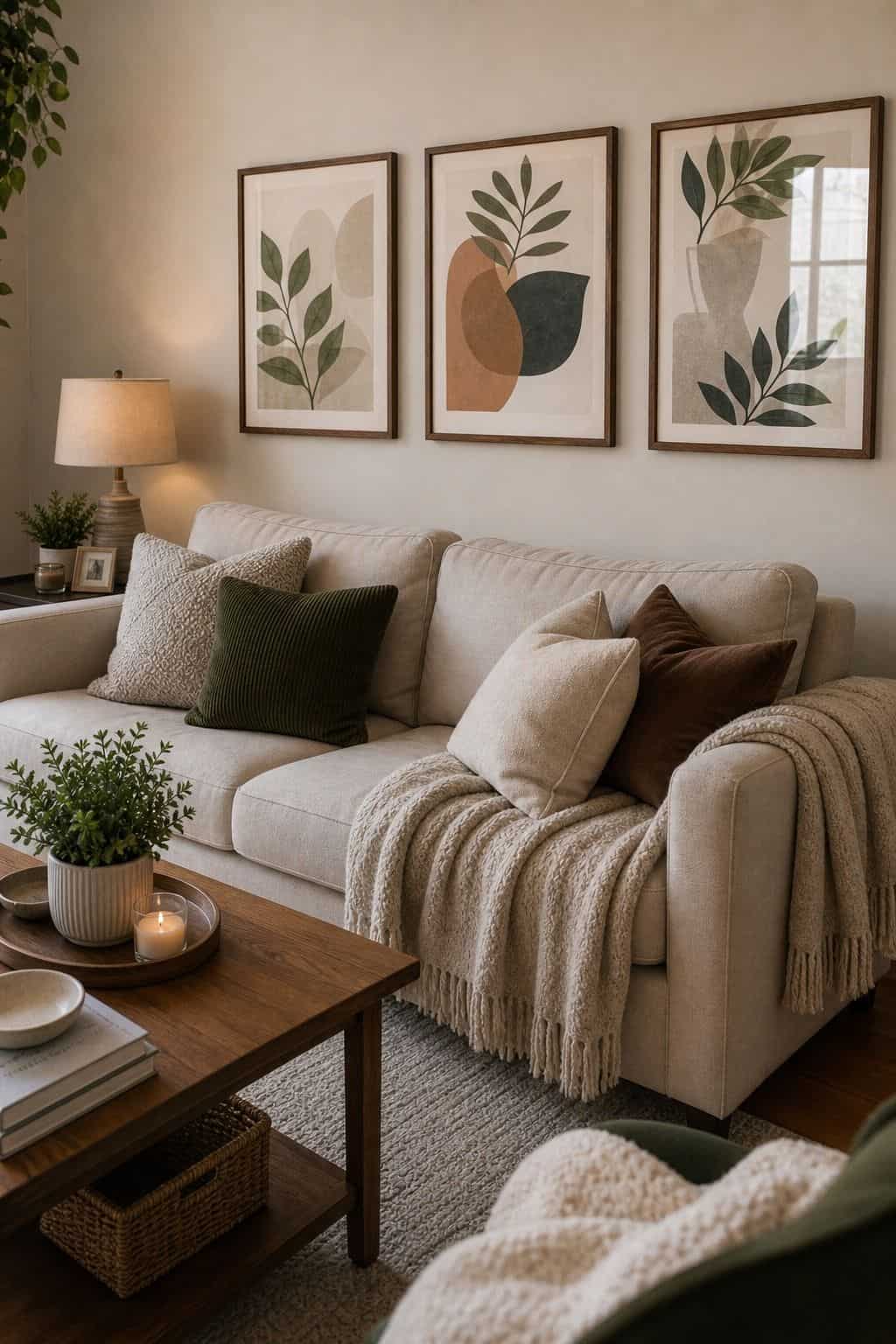 Framed Botanical Prints Set of 3 styled in a cozy small apartment living room