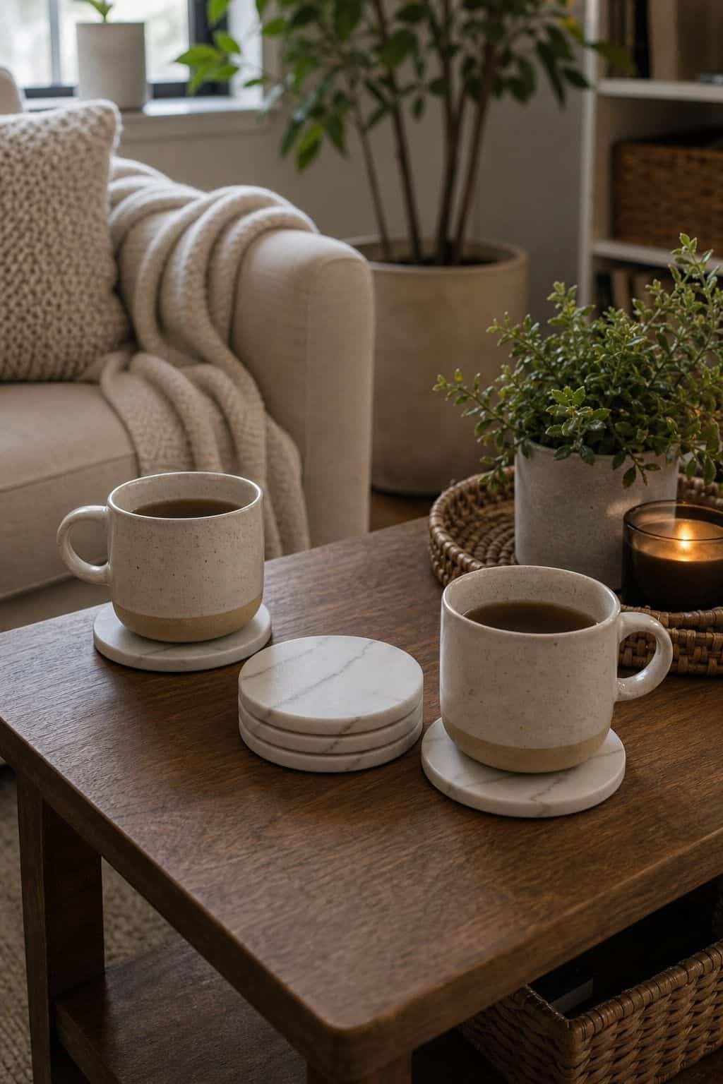 Marble-Look Ceramic Coasters Set of 6 styled in a cozy small apartment living room