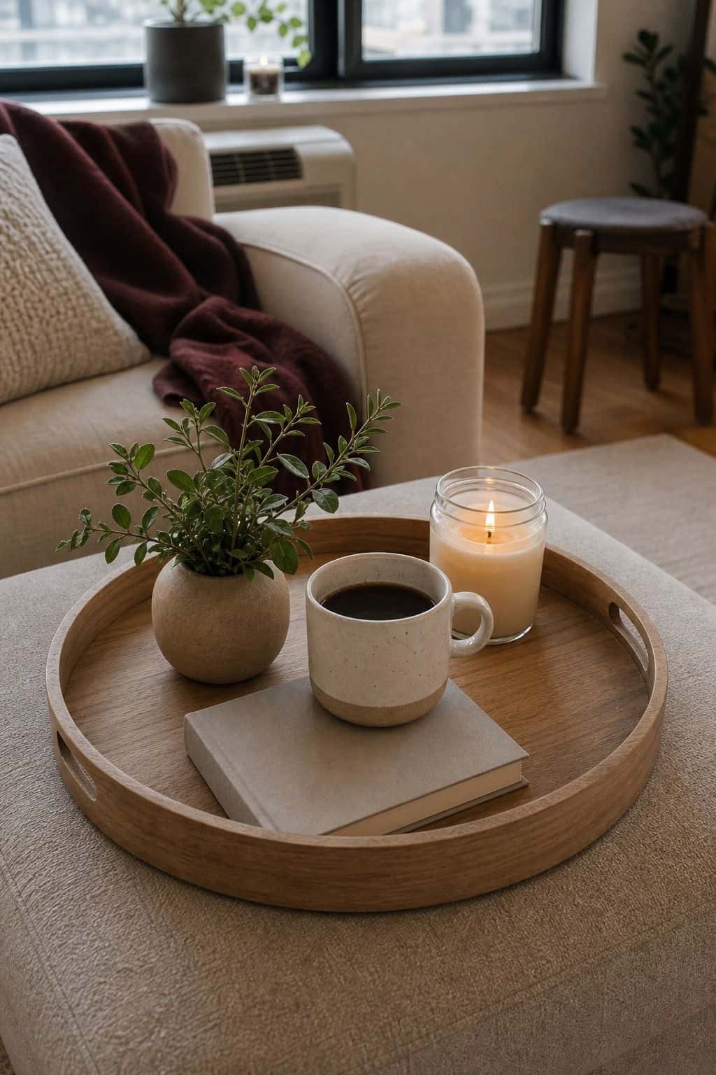Ottoman Serving Tray with Handles styled in a cozy small apartment living room