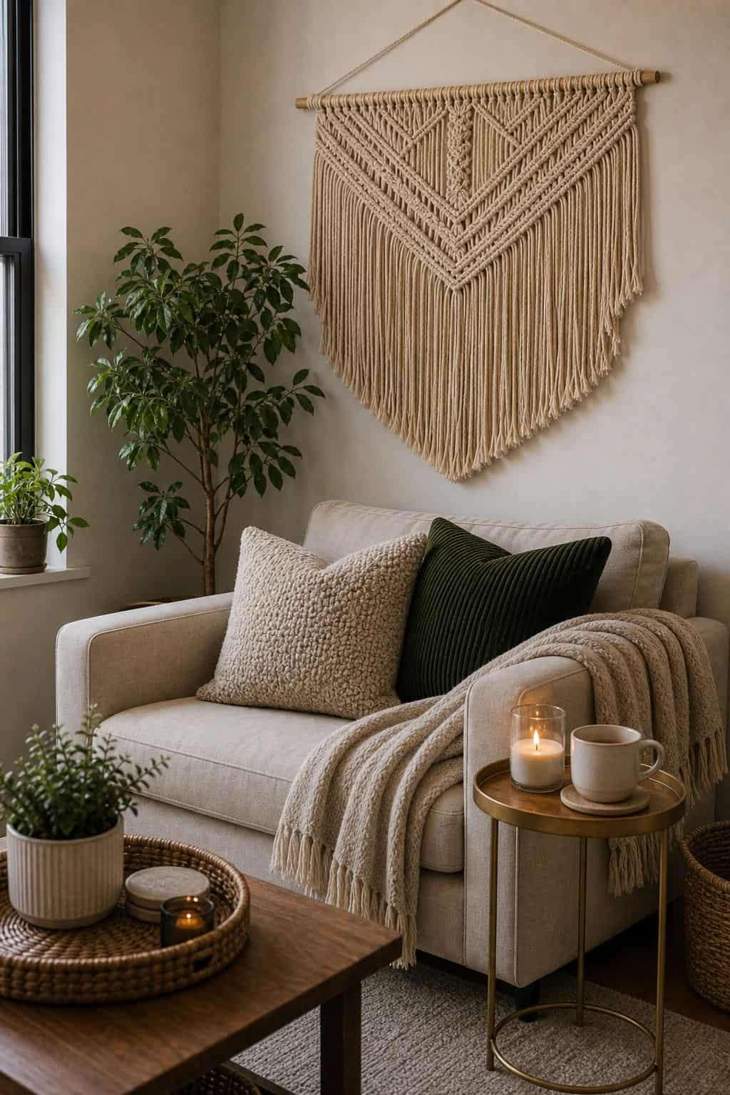 Large Natural Cotton Macrame styled in a cozy small apartment living room