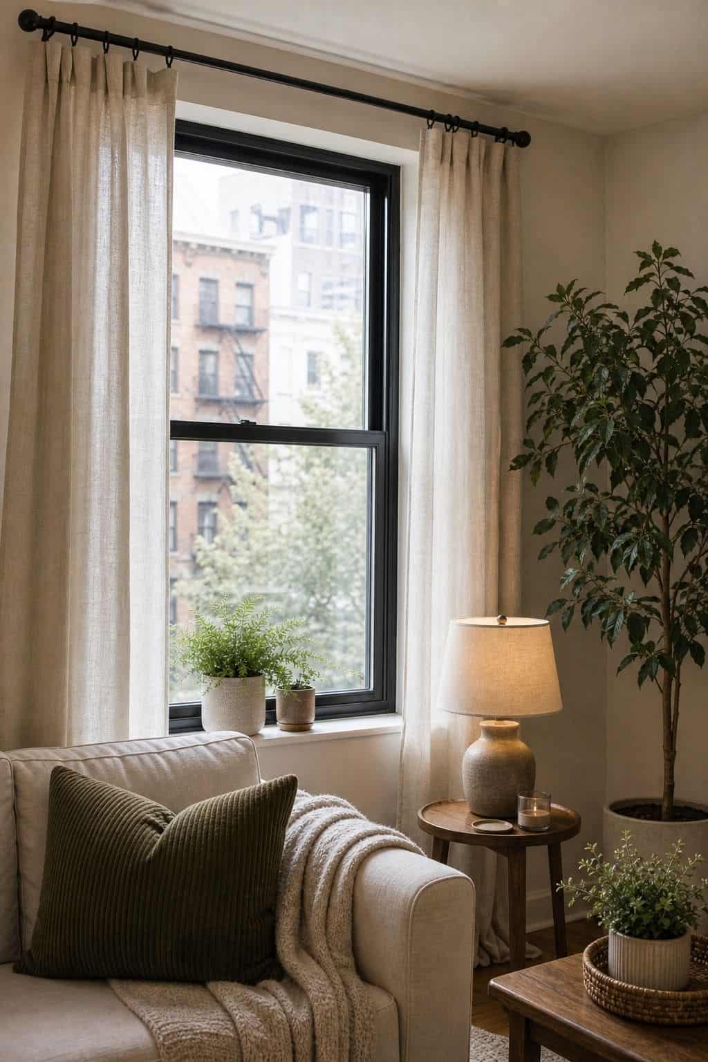 Adjustable Black Curtain Rod styled in a cozy small apartment living room