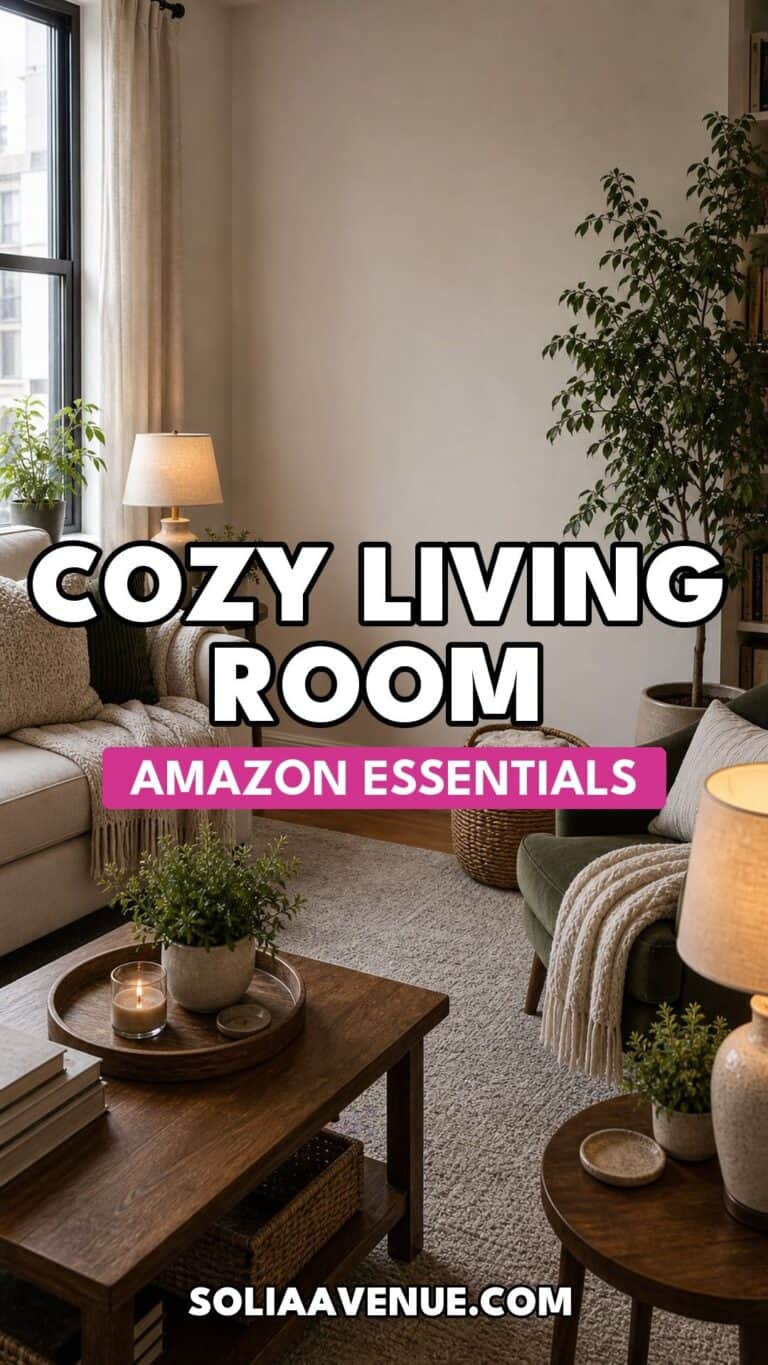 Pinterest pin for cozy living room essentials from Amazon