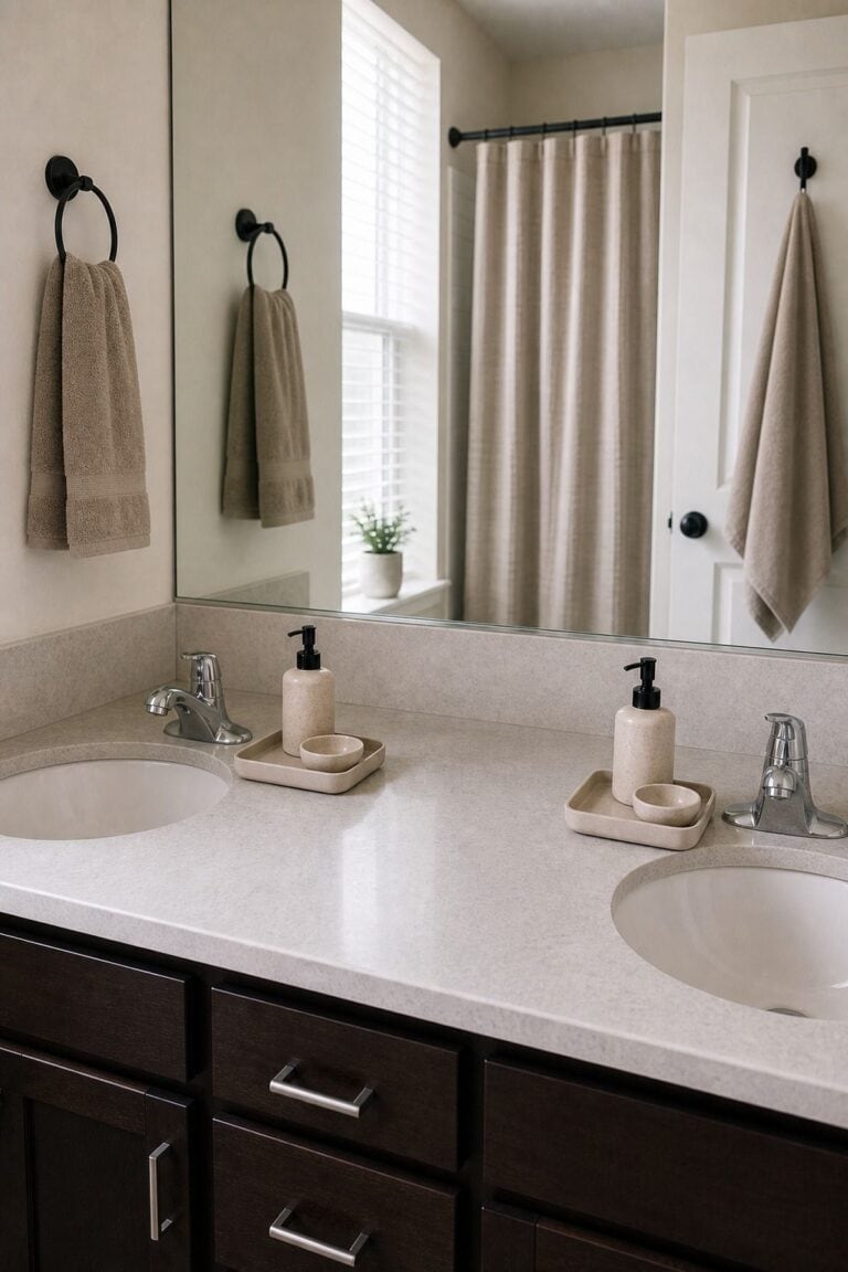Two Matching Trays at Each Sink on a small apartment double sink bathroom counter