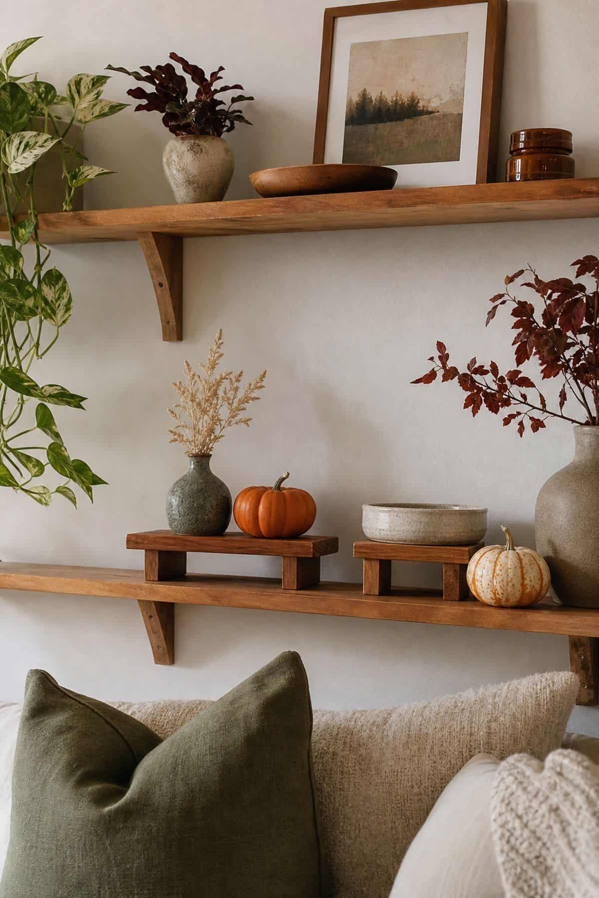 Use Wooden Risers Under Smaller Objects on fall shelves in a small apartment