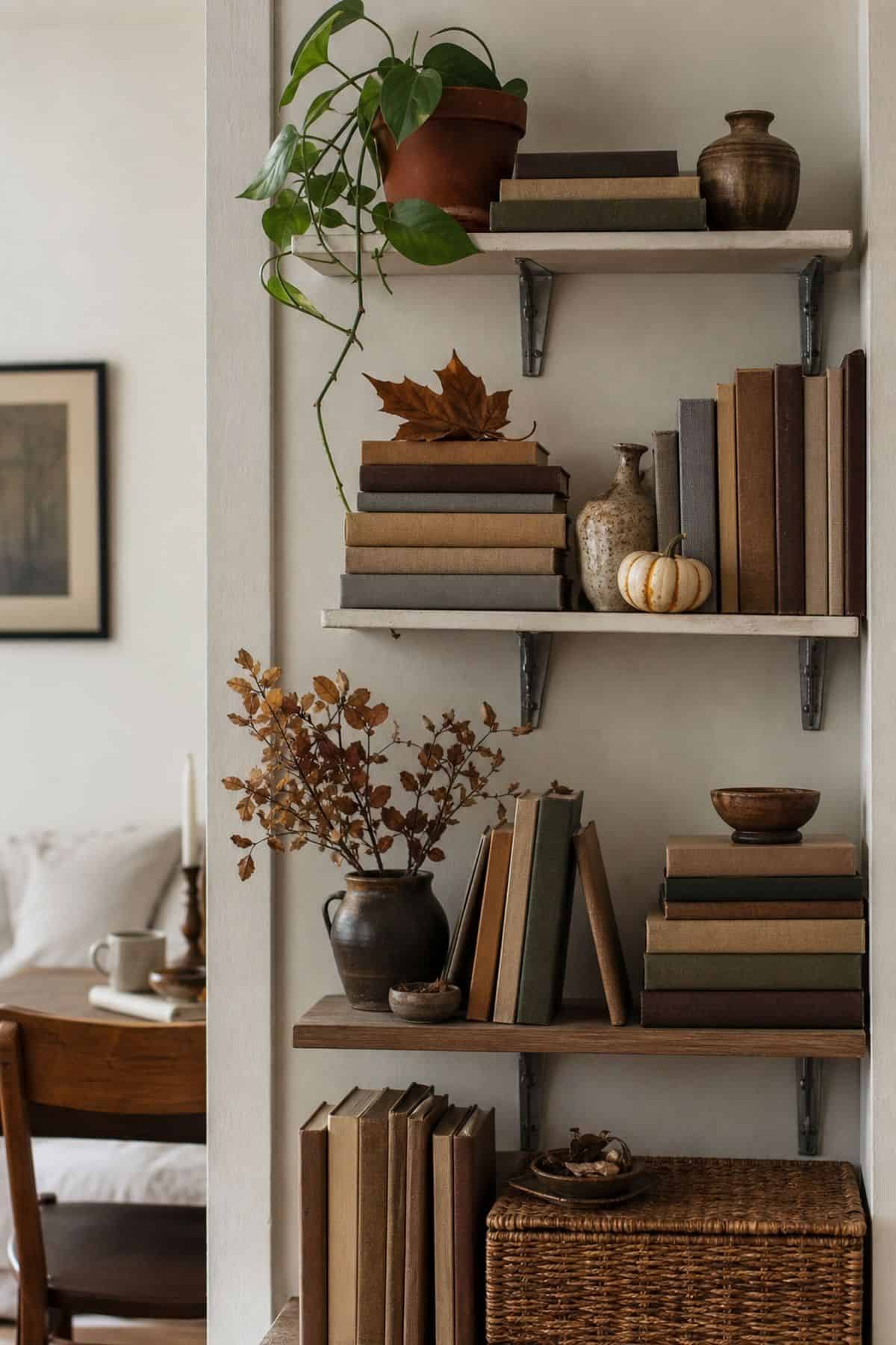 Stack Cloth-Bound Hardbacks for Texture on fall shelves in a small apartment