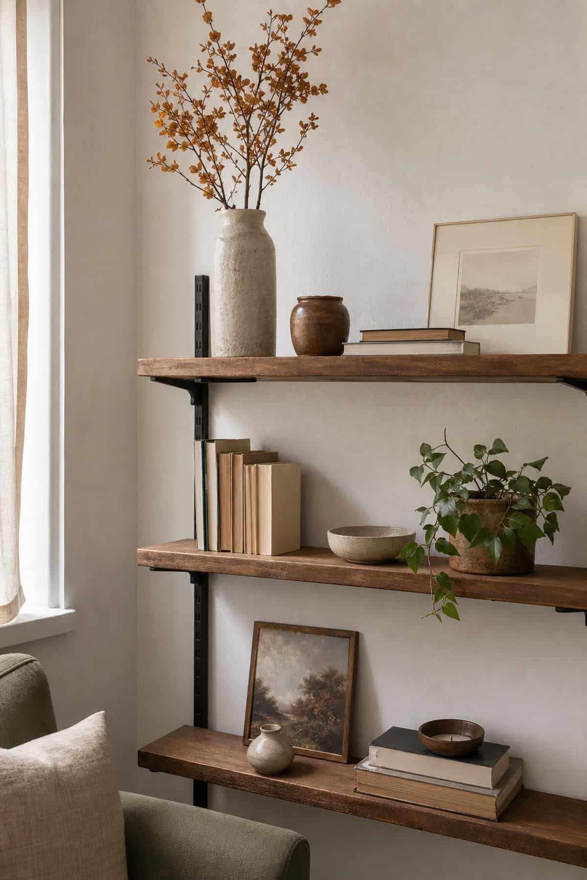 Use a Taller Vase to Anchor the Tallest Shelf on fall shelves in a small apartment