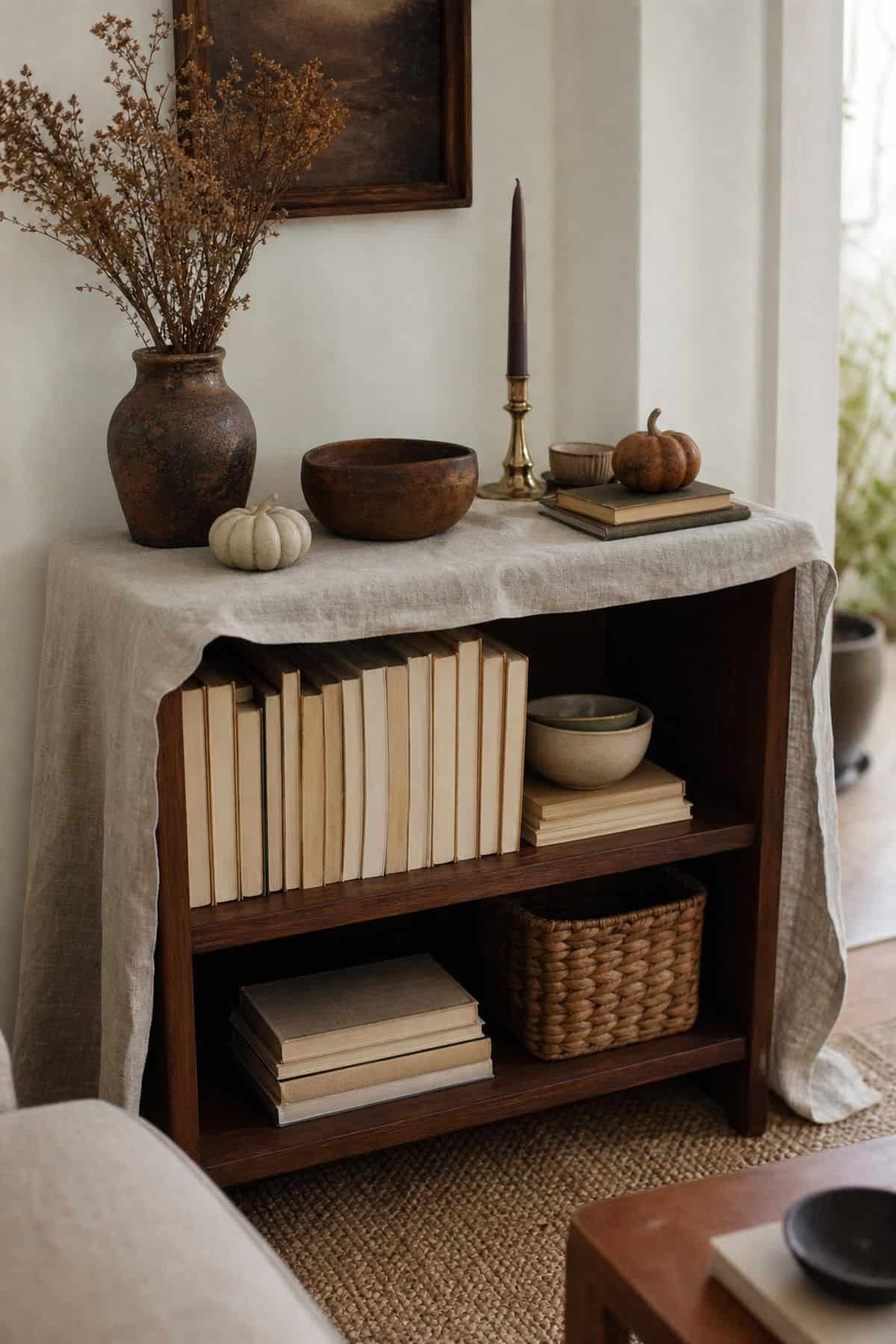 Layer a Linen Runner Across the Top of a Bookcase on fall shelves in a small apartment