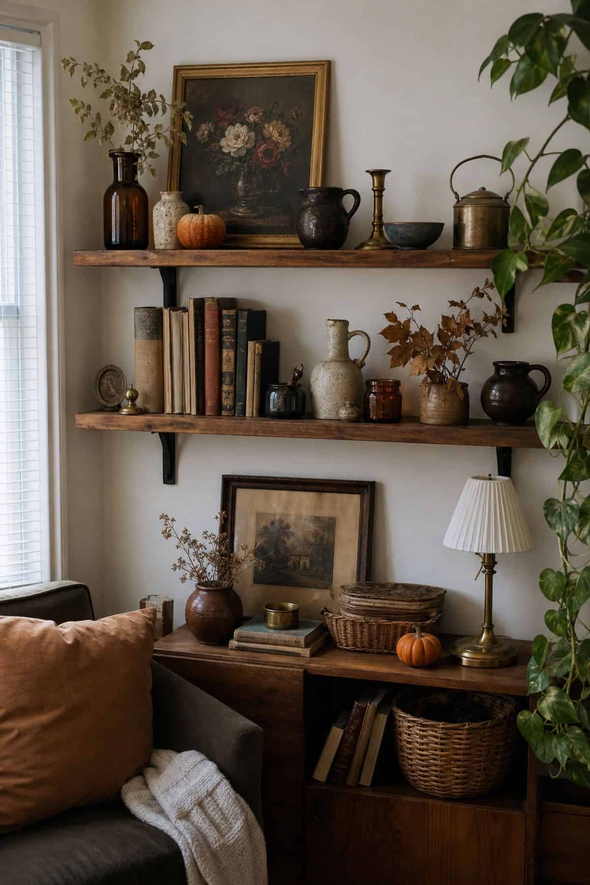 Style with Vintage Thrifted Pieces on fall shelves in a small apartment