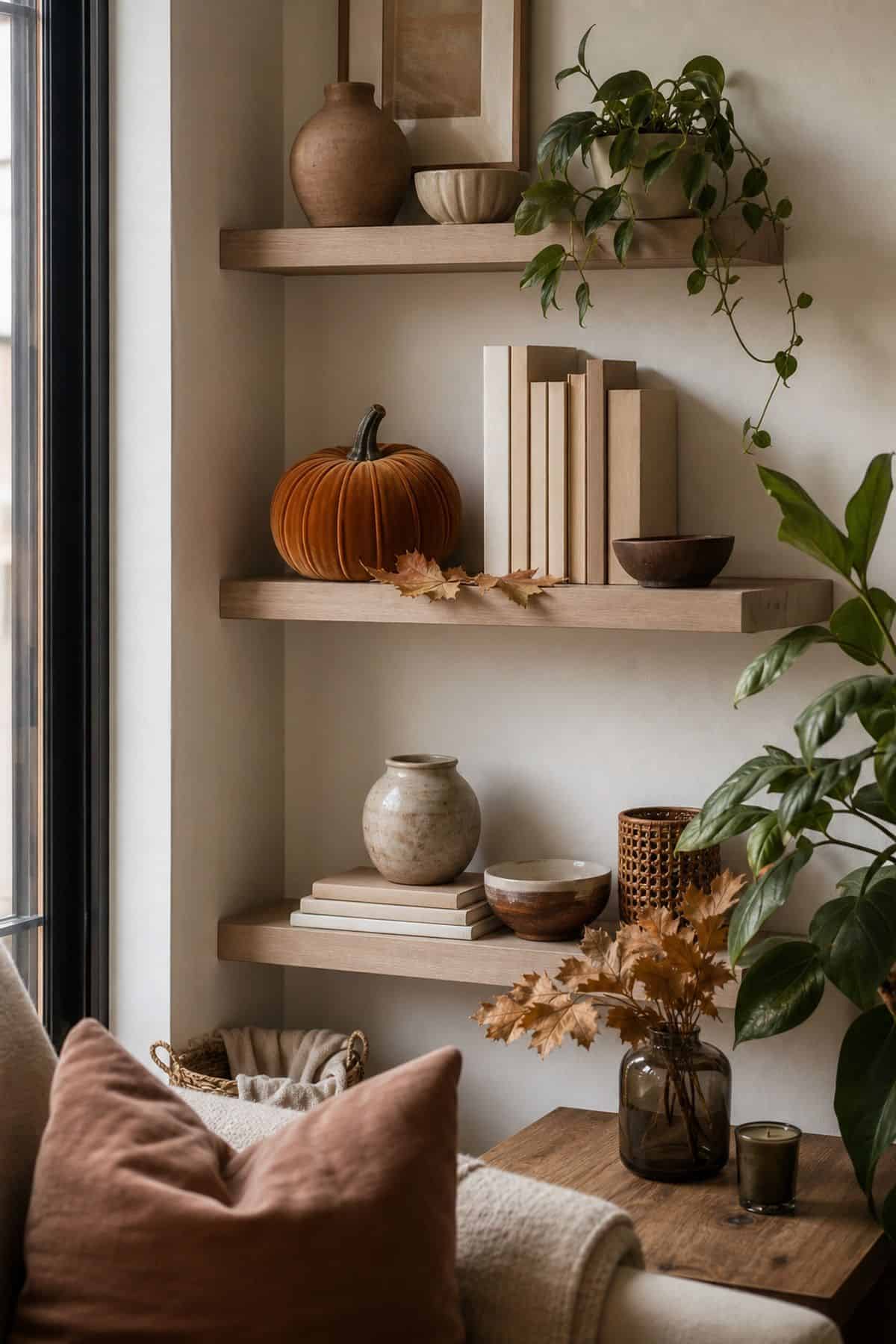 Add a Single Rust or Olive Velvet Pumpkin on fall shelves in a small apartment