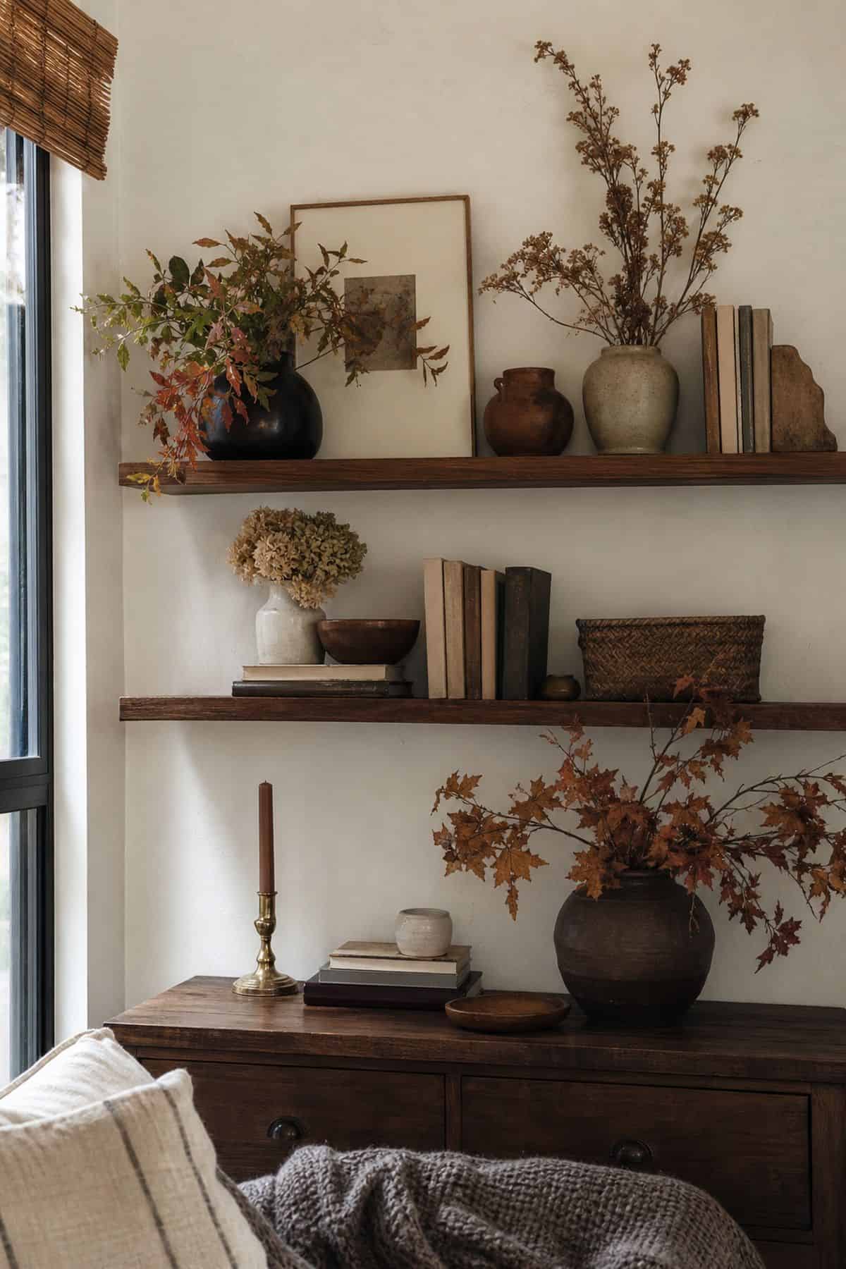 Mix Faux and Dried Foliage for Realistic Look on fall shelves in a small apartment