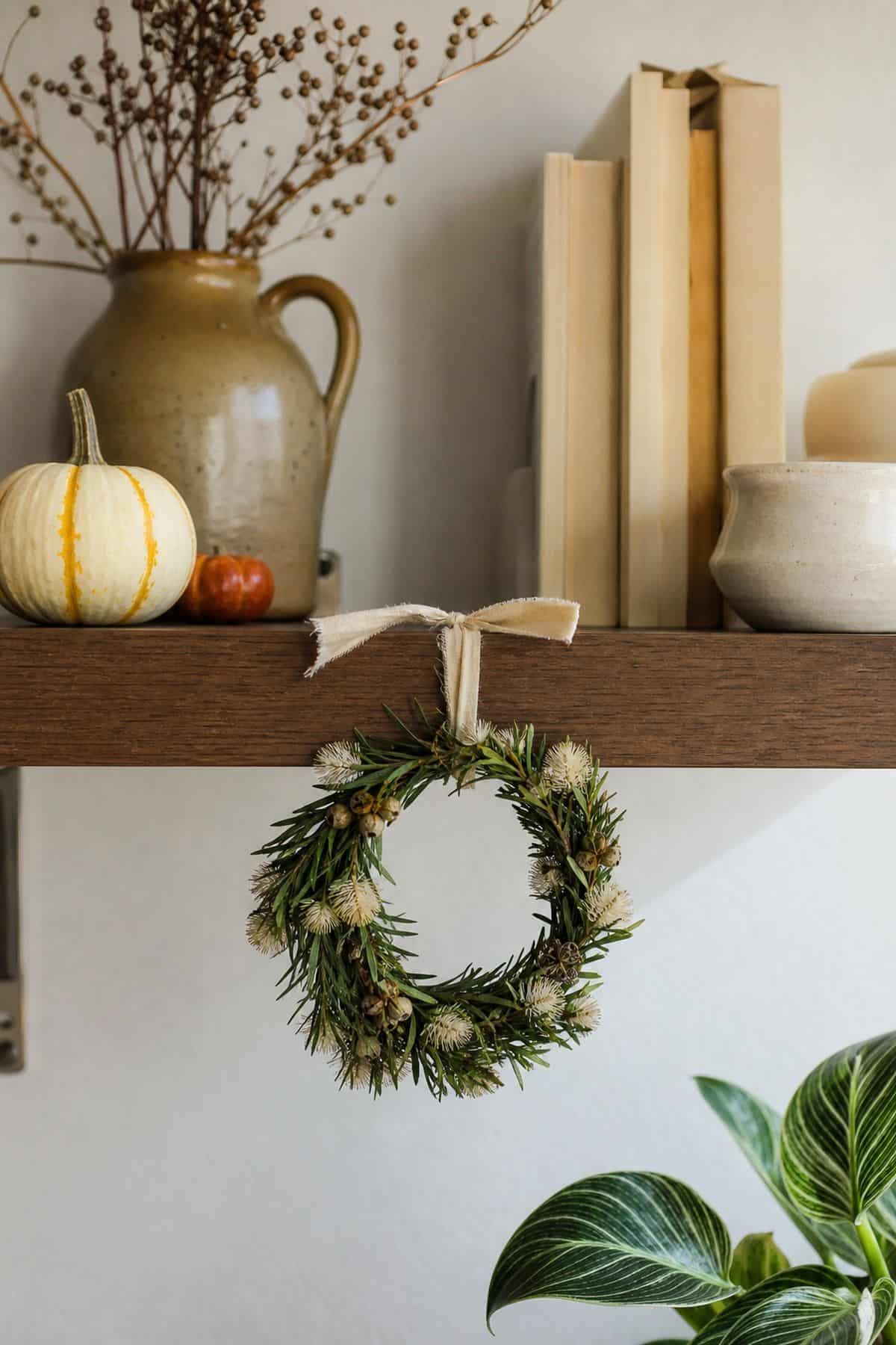 Add a Bottlebrush Wreath on the Front of a Shelf on fall shelves in a small apartment