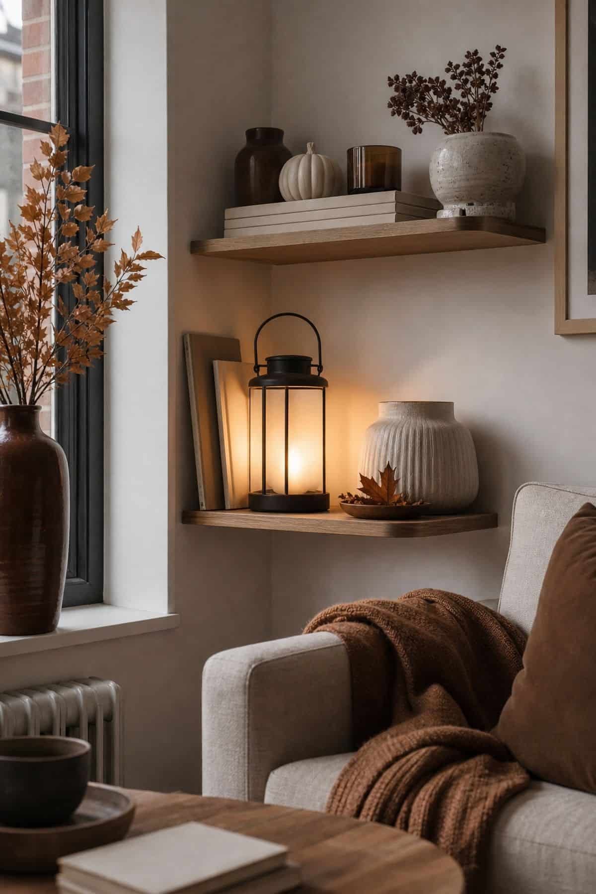 Light with a Battery-Operated Lantern on fall shelves in a small apartment