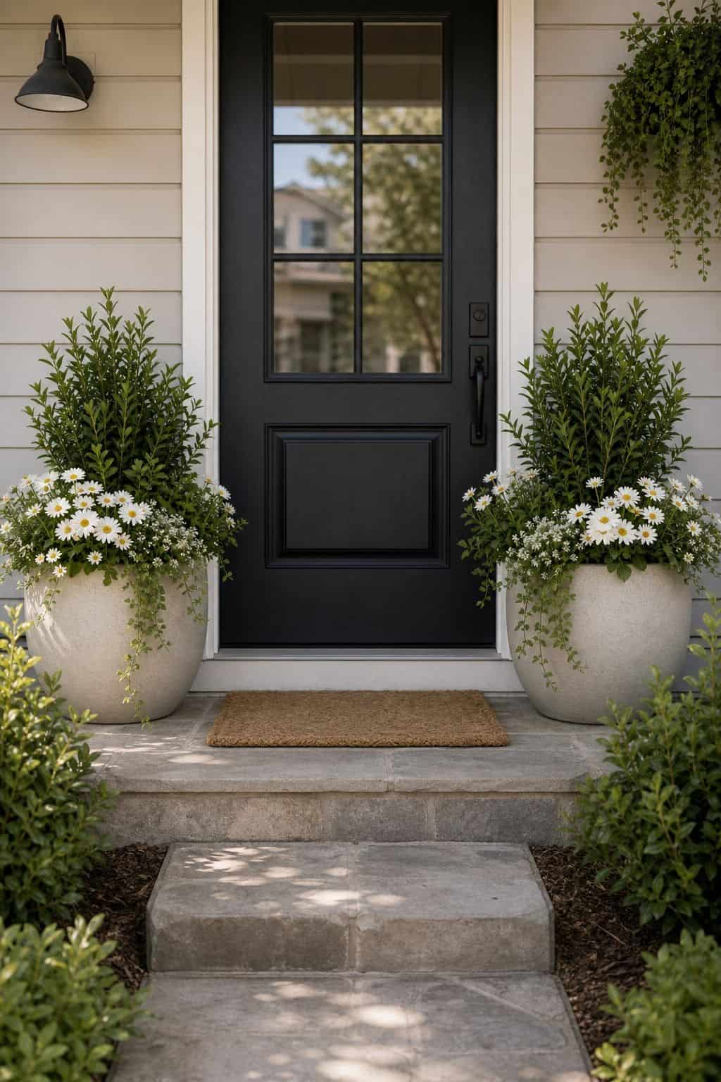 Use symmetrical planters for a balanced look front porch garden idea