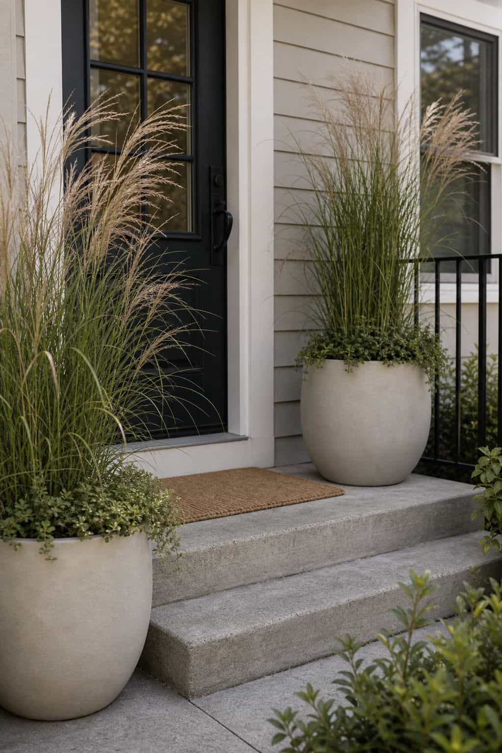 Place large statement pots with tall grasses or shrubs front porch garden idea