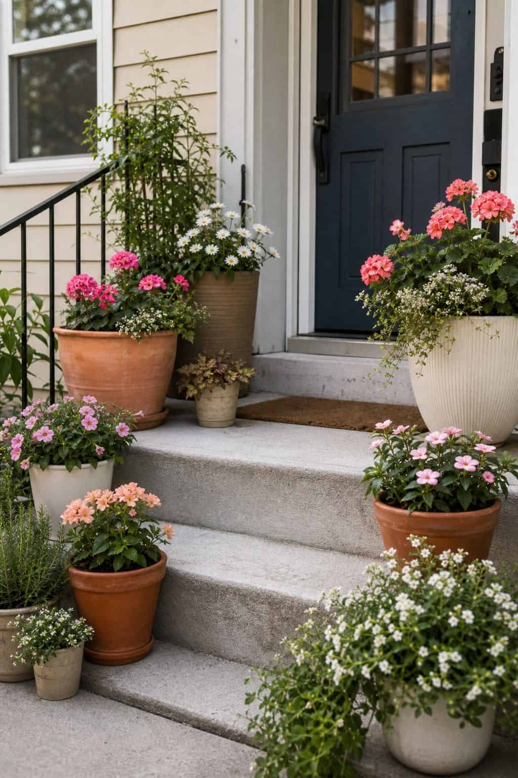 Use colorful potted flowers to frame the entrance front porch garden idea
