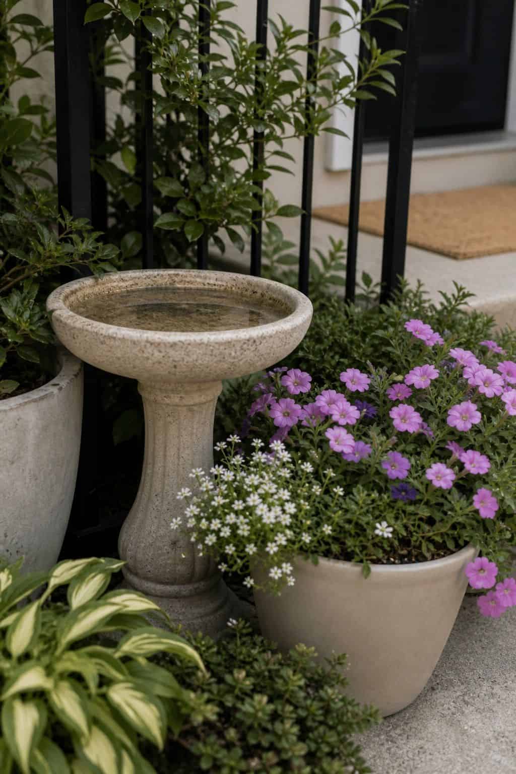 Add a birdbath or feeder to attract wildlife front porch garden idea