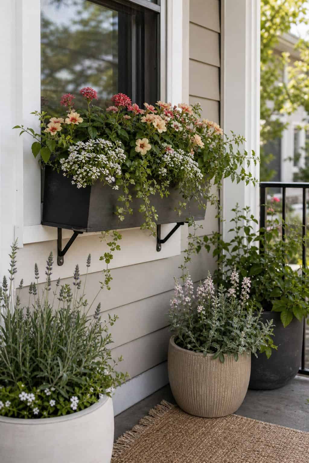 Use window boxes filled with lively flowers front porch garden idea