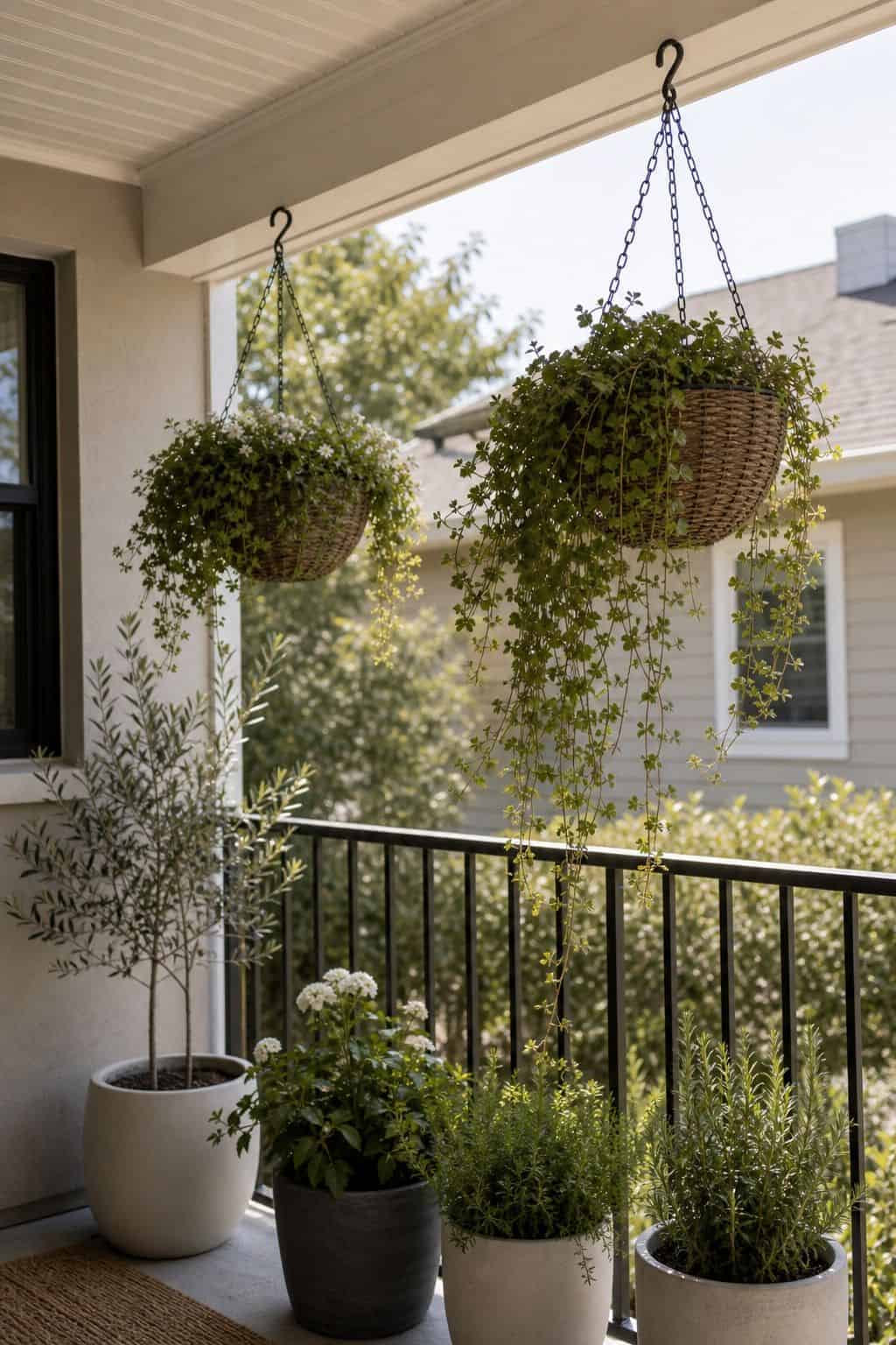 Incorporate hanging baskets with trailing plants front porch garden idea