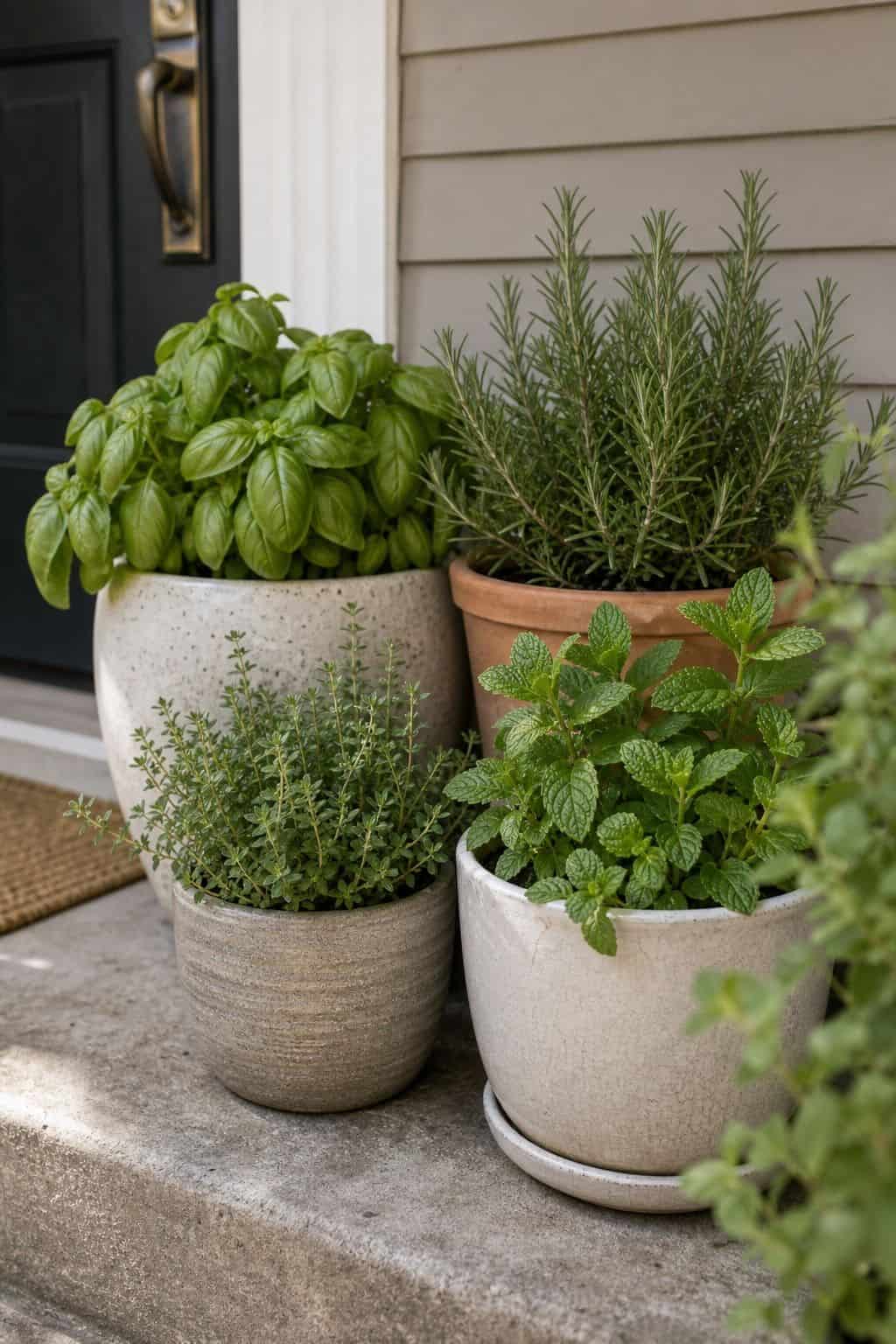 Plant fragrant herbs in decorative containers front porch garden idea