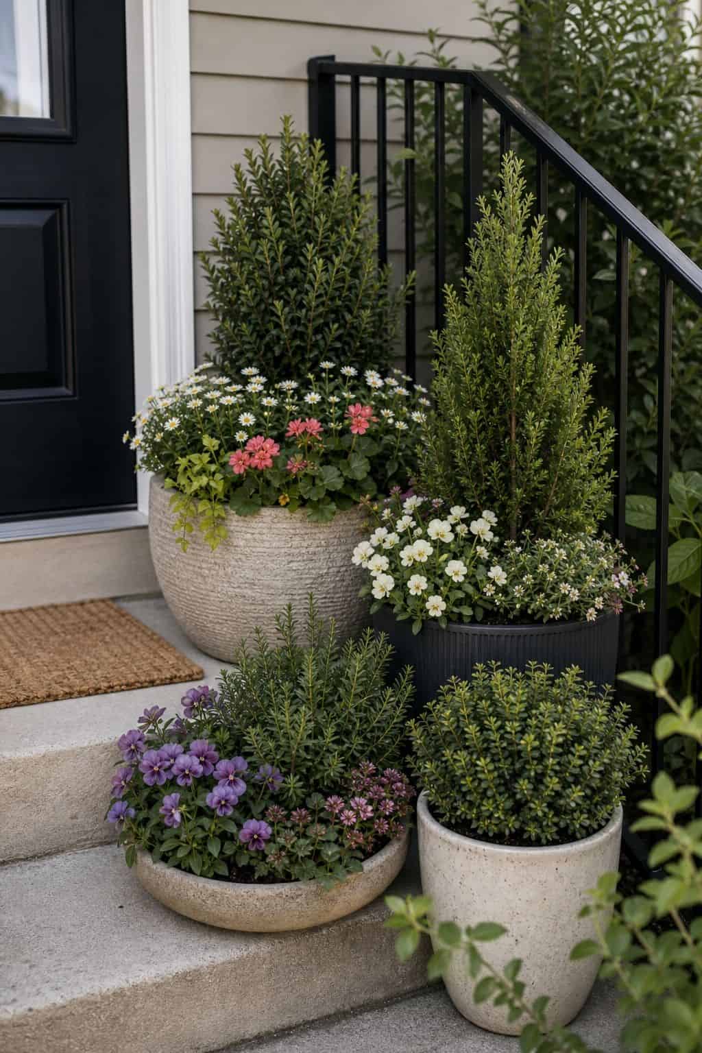 Include a mix of evergreens and seasonal blooms front porch garden idea