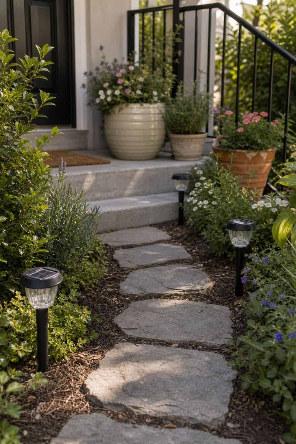 Add solar-powered garden lights along the walkway front porch garden idea