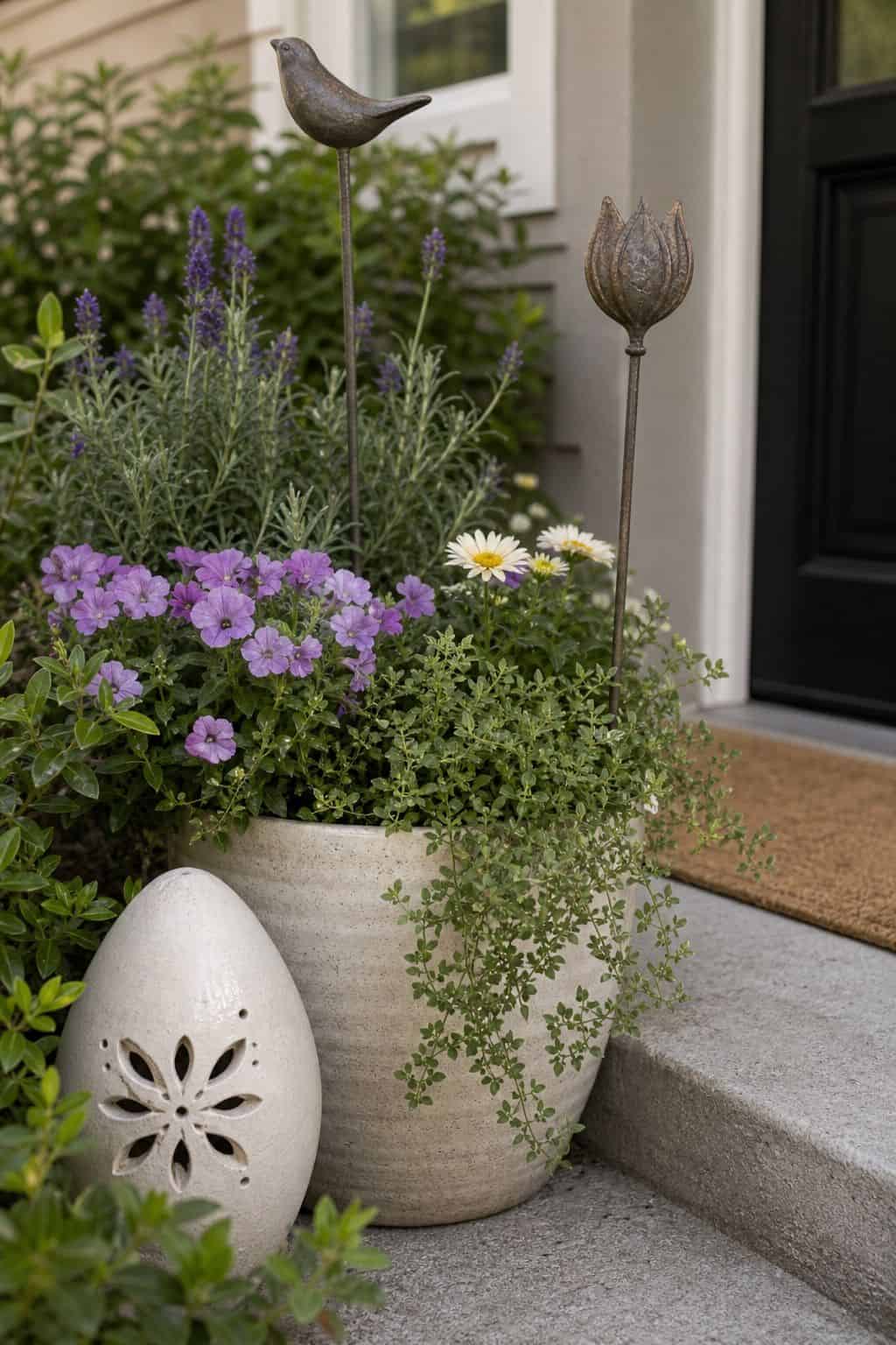 Incorporate garden statues or decorative stakes front porch garden idea