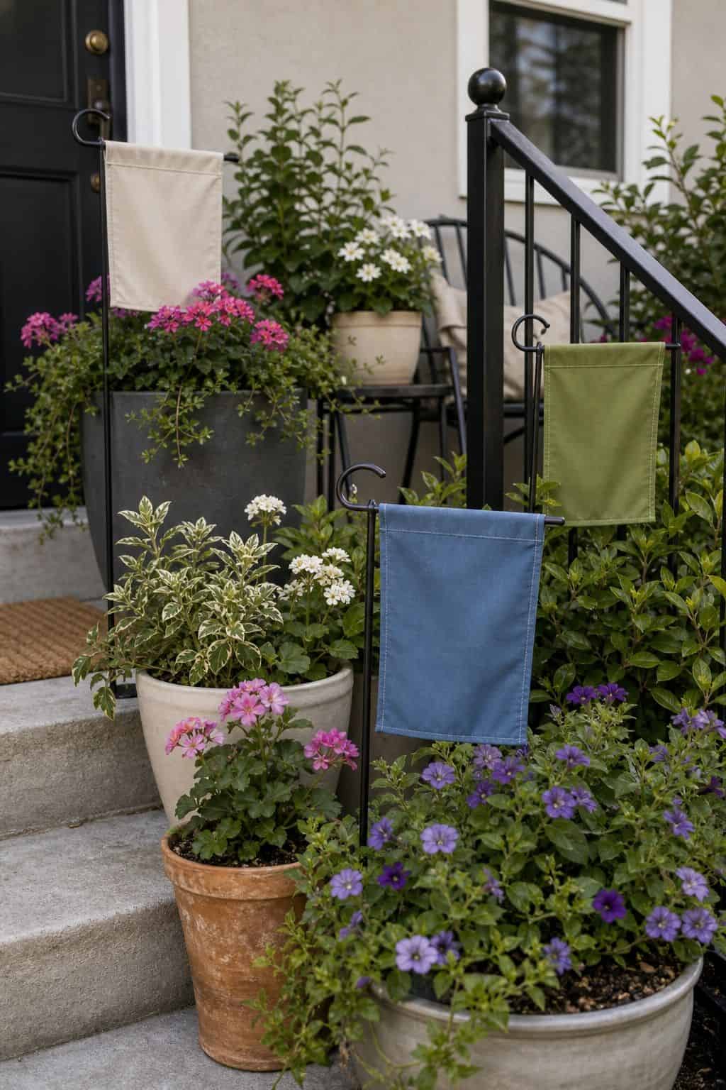 Use colorful garden flags or banners for charm front porch garden idea