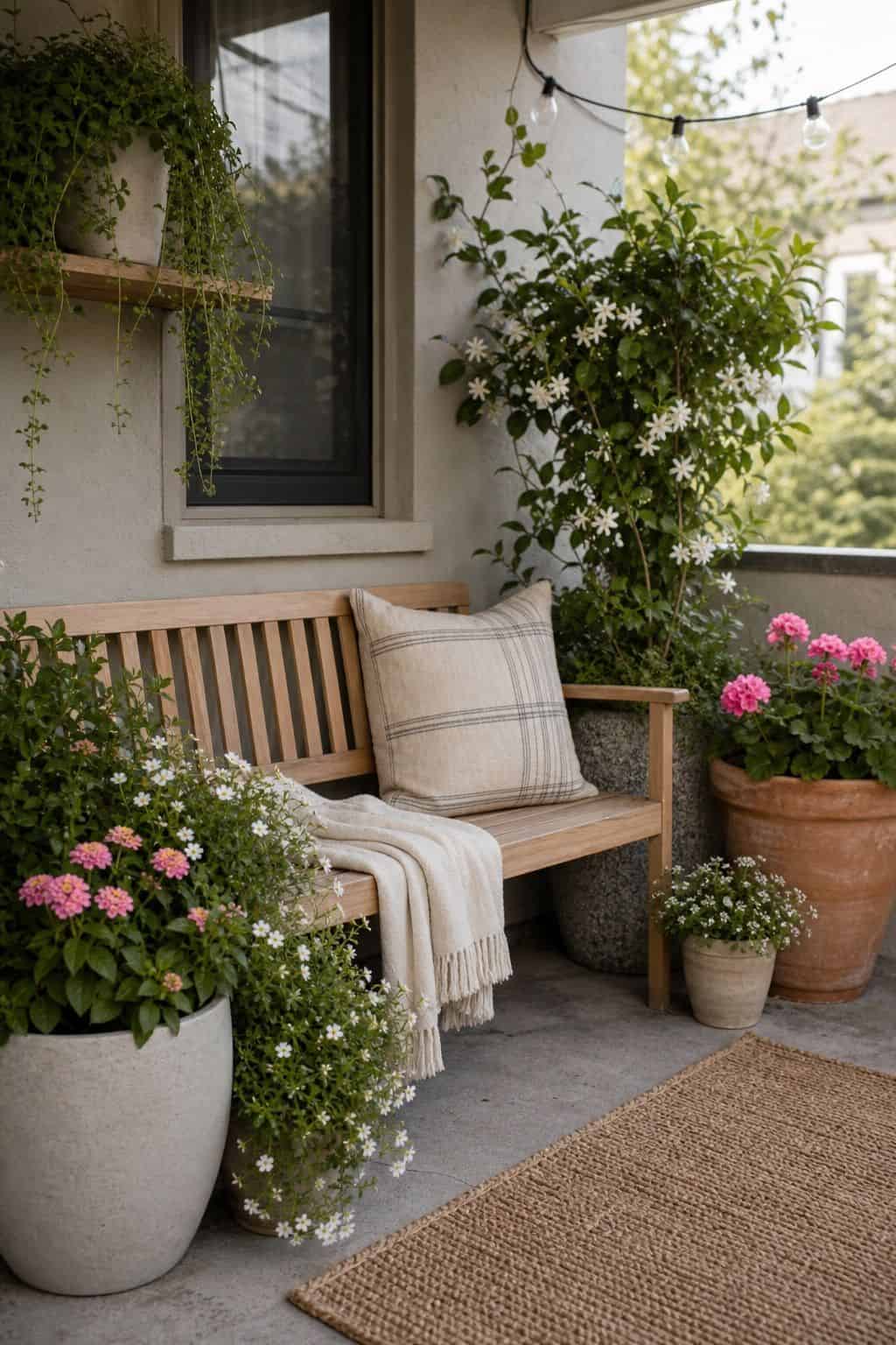 Incorporate a bench surrounded by flowering plants for seating front porch garden idea
