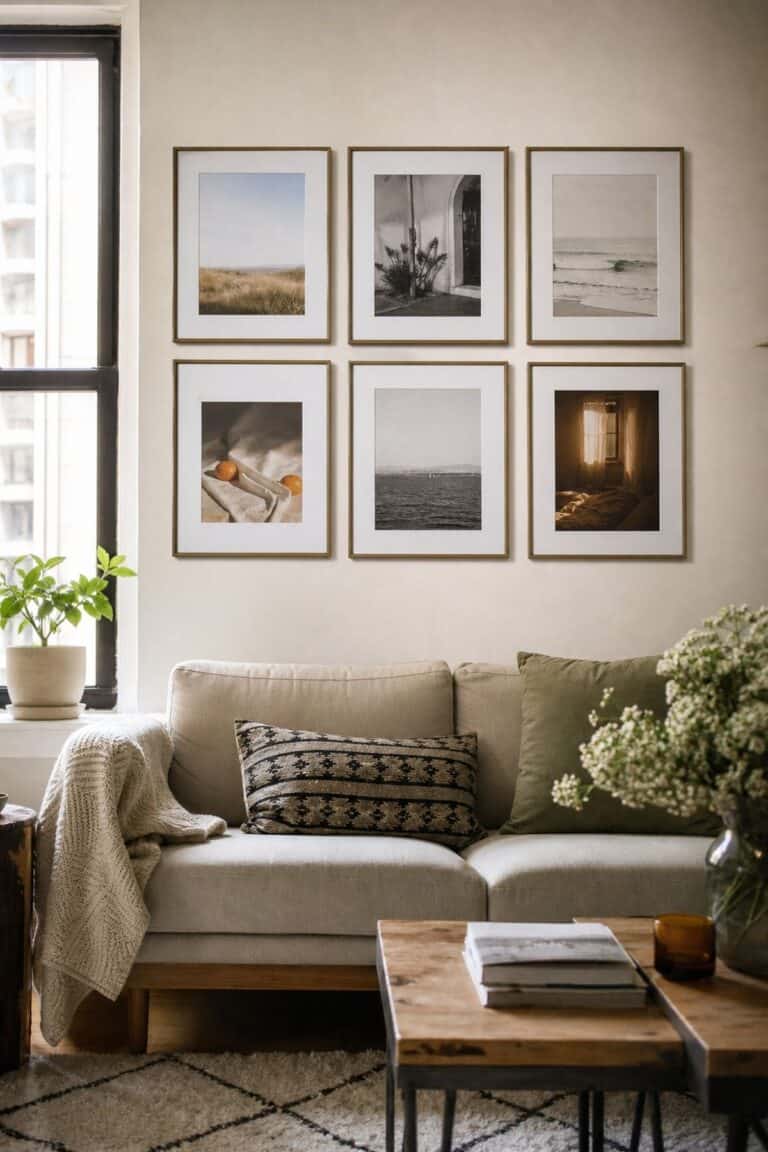 Gallery wall above couch decor idea: Arrange Frames in a Symmetrical Grid for a Clean Look