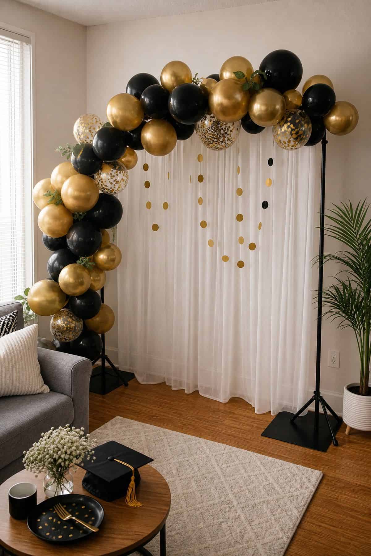 Balloon Arch on a Stand graduation backdrop idea in a small apartment