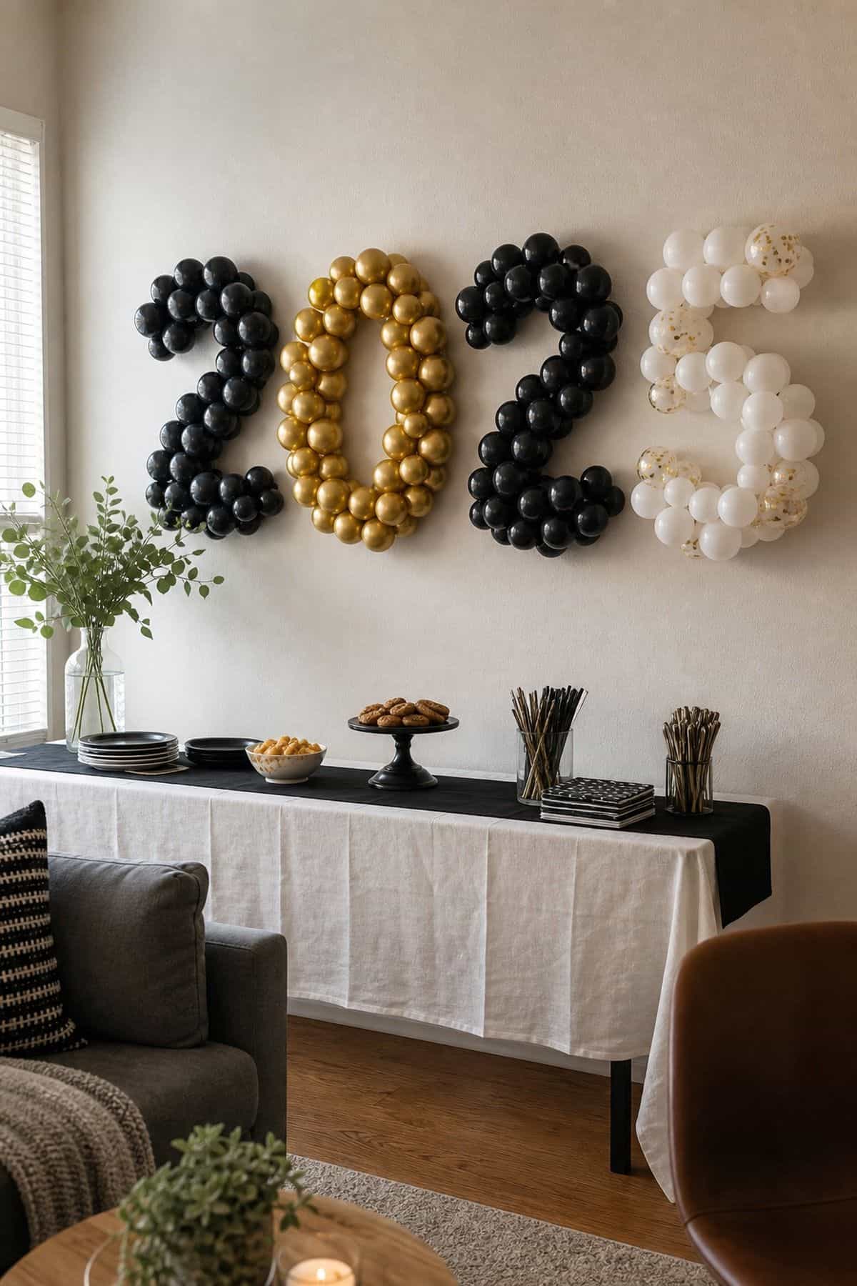 Balloon Mosaic Numbers on the Wall graduation backdrop idea in a small apartment
