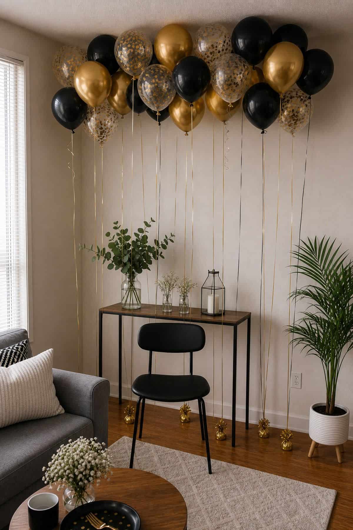 Helium Balloon Ceiling Cluster Behind the Graduate graduation backdrop idea in a small apartment