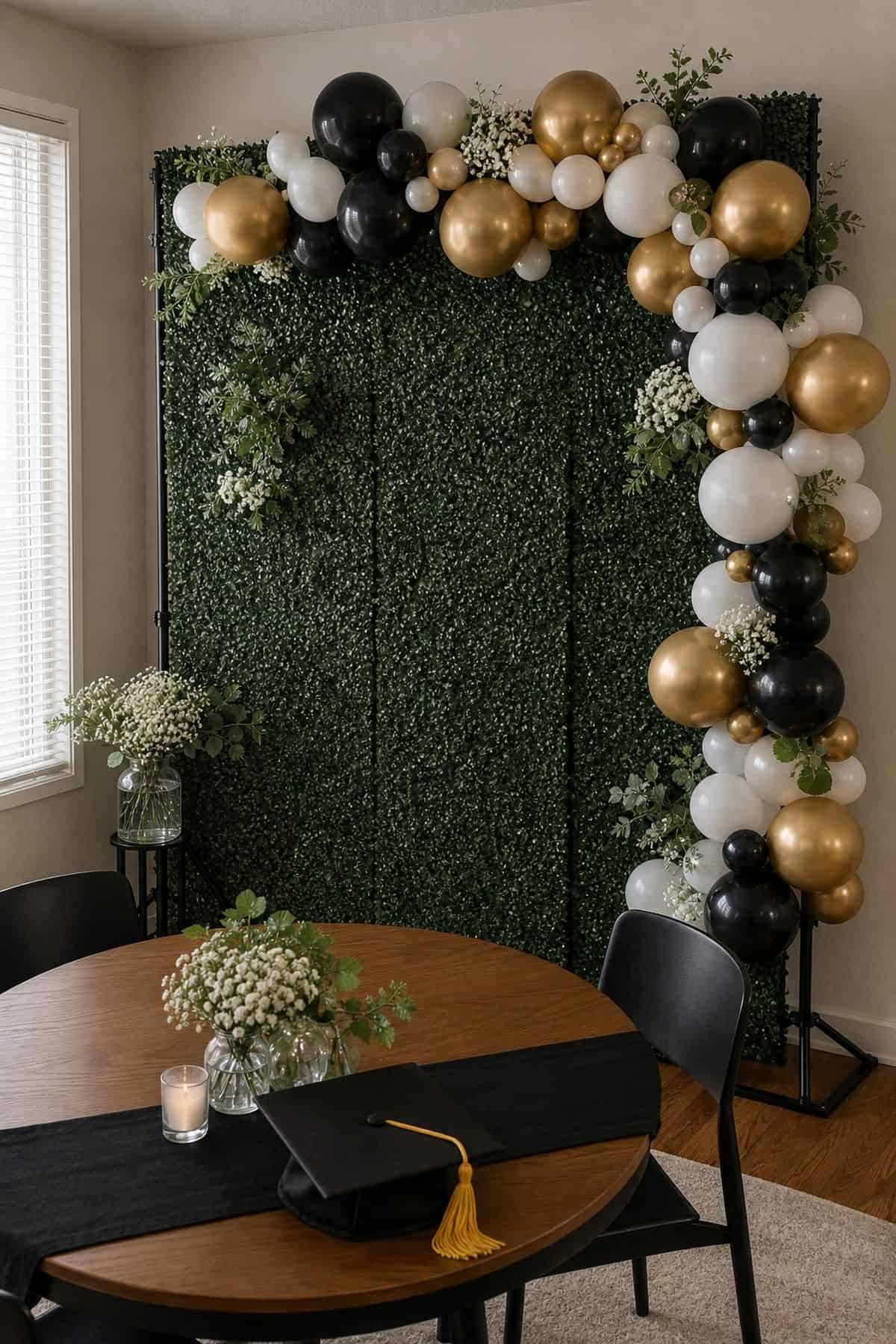 Artificial Boxwood Hedge Panel Wall graduation backdrop idea in a small apartment