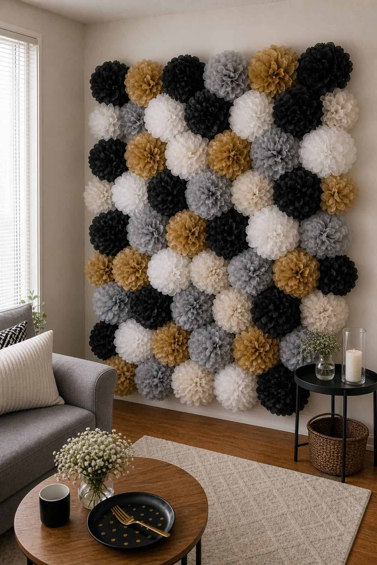 Flower Wall with Tissue Paper Poms graduation backdrop idea in a small apartment