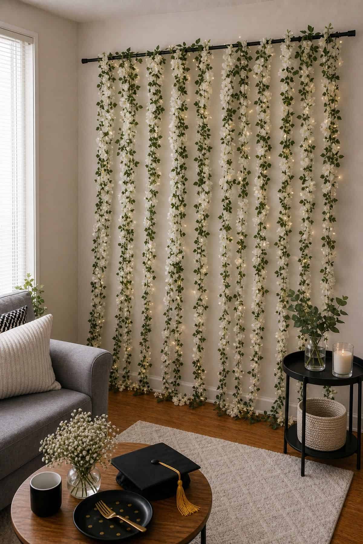 Faux Floral Garland Curtain graduation backdrop idea in a small apartment