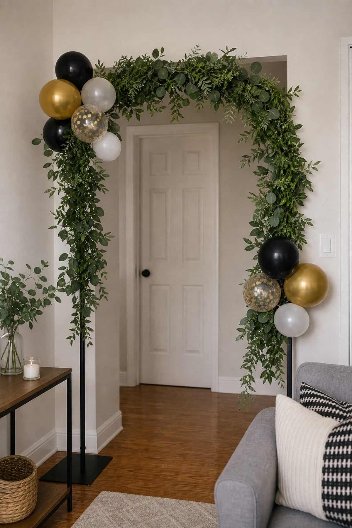 Greenery Arch Over a Doorway or Stand Frame graduation backdrop idea in a small apartment