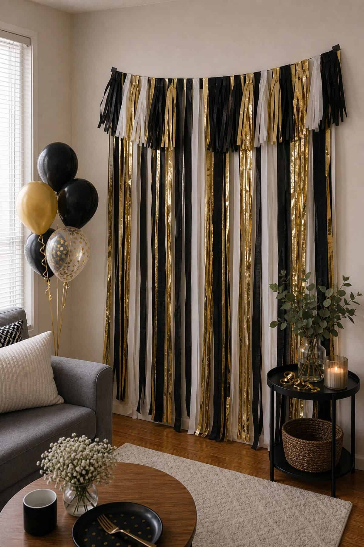 Streamers Fringe Curtain 9. Fringe and Streamer Curtain graduation backdrop idea in a small apartment