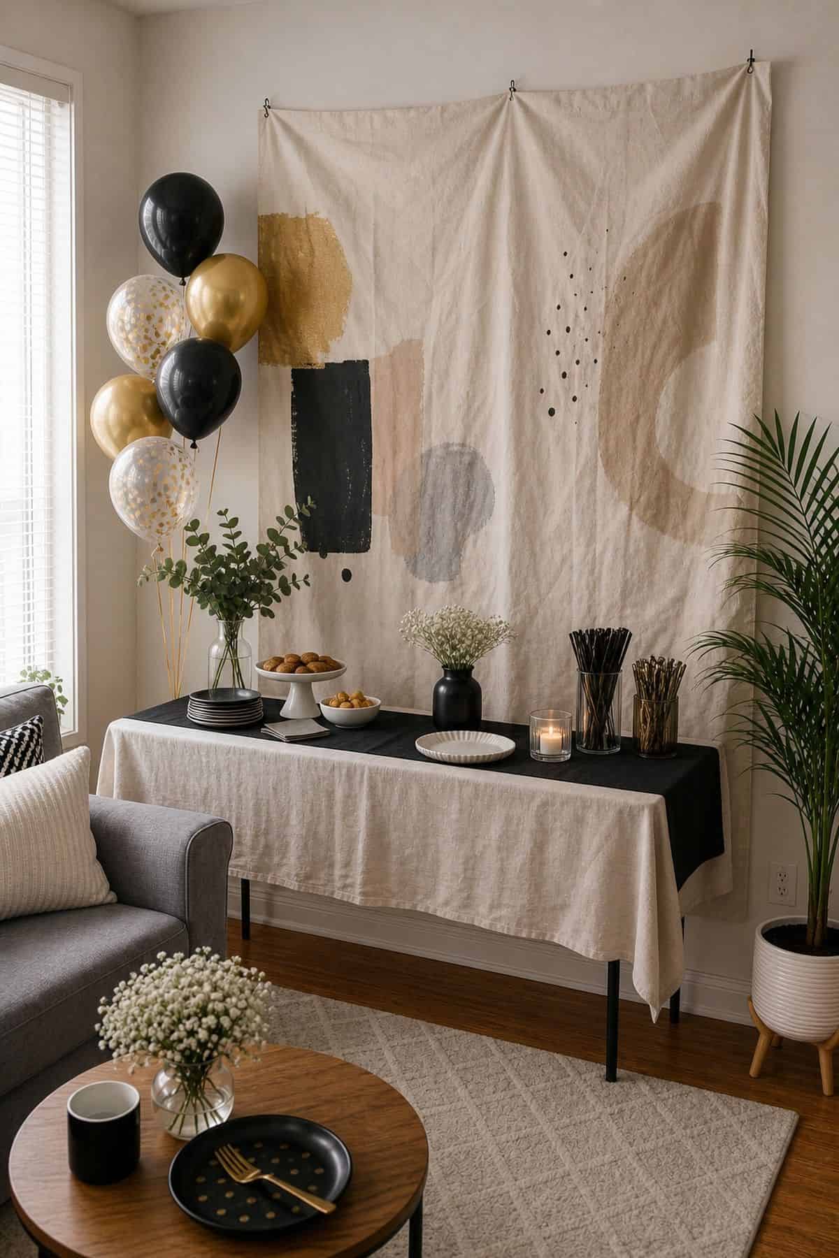 A Canvas Drop Cloth with Painted Details graduation backdrop idea in a small apartment