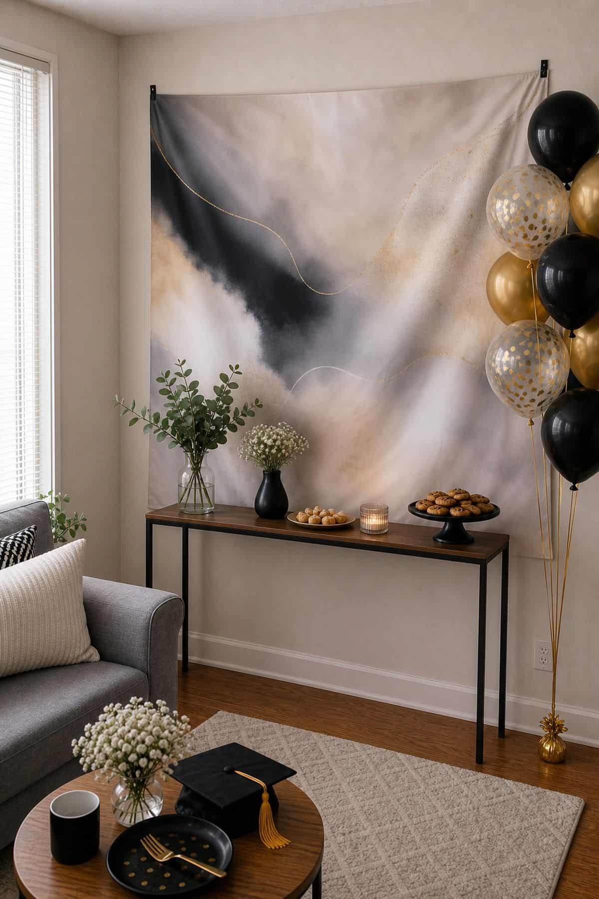 A Printed Photo Backdrop Banner graduation backdrop idea in a small apartment