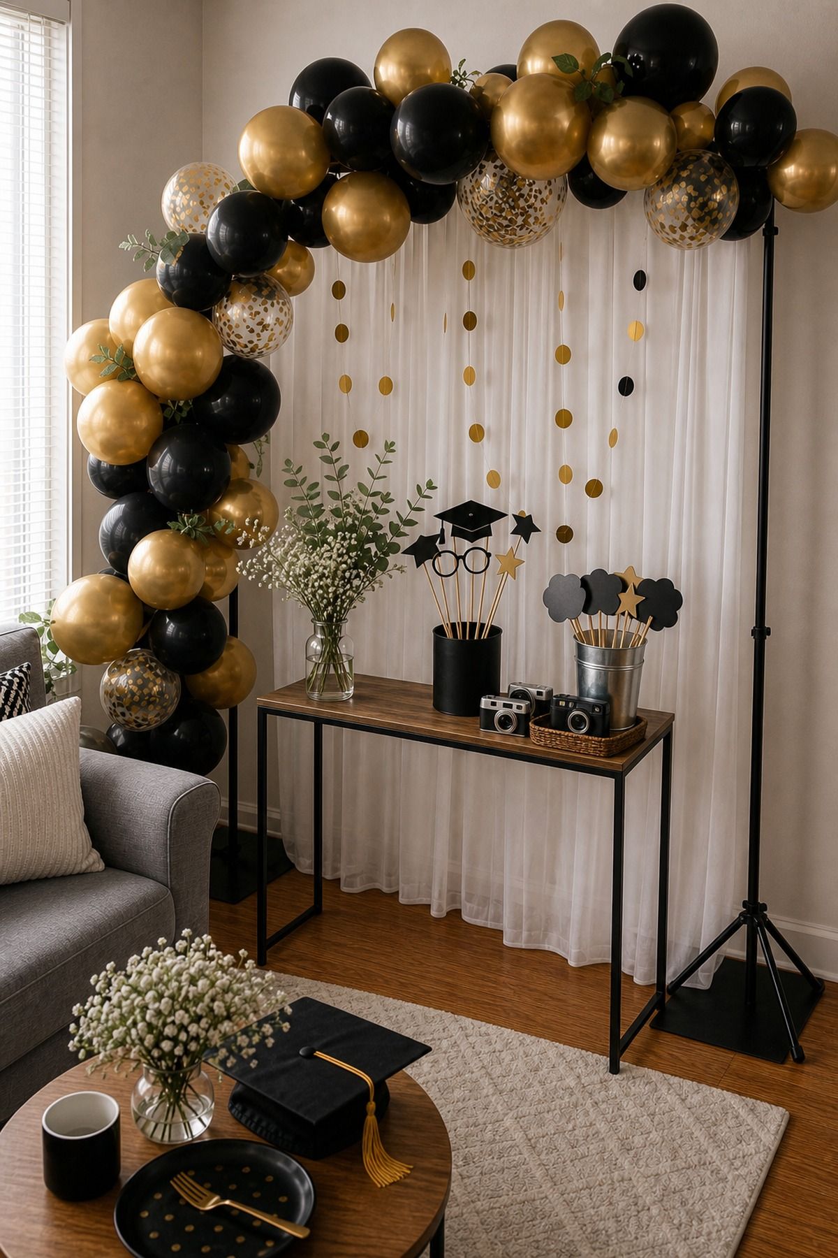 A Prop Table Alongside the Backdrop graduation backdrop idea in a small apartment