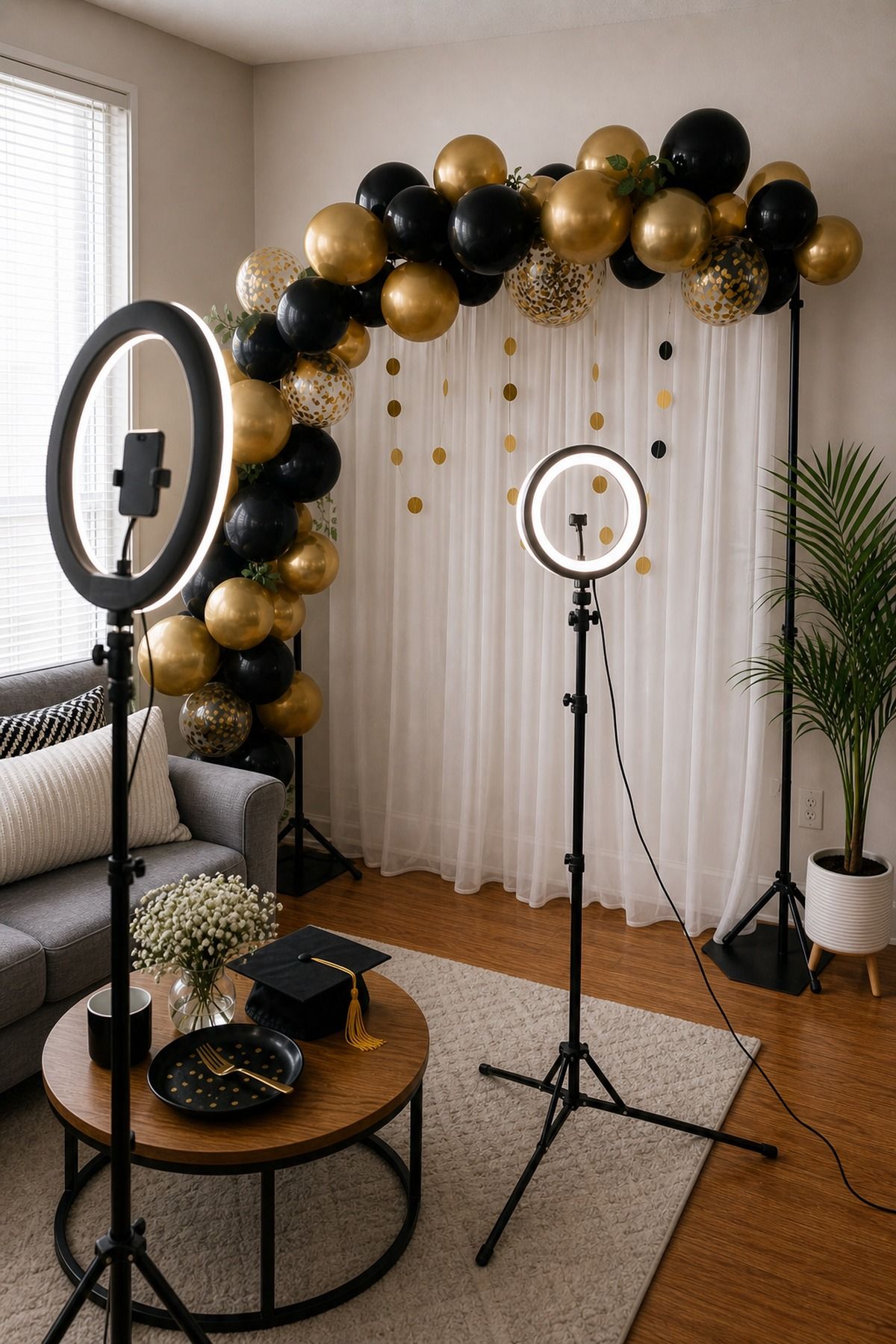 Ring Lights for Consistent Indoor Photos graduation backdrop idea in a small apartment