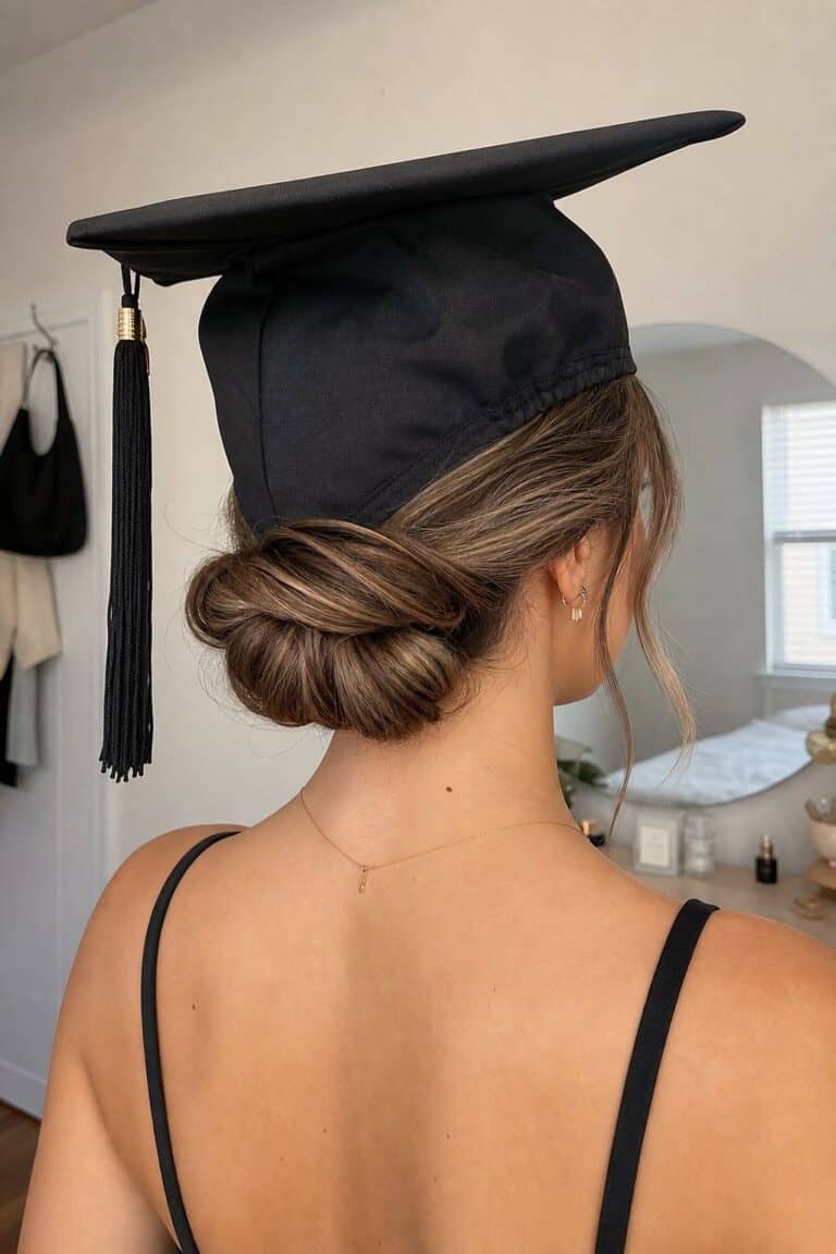 Twisted Chignon at the Nape graduation hairstyle with a cap