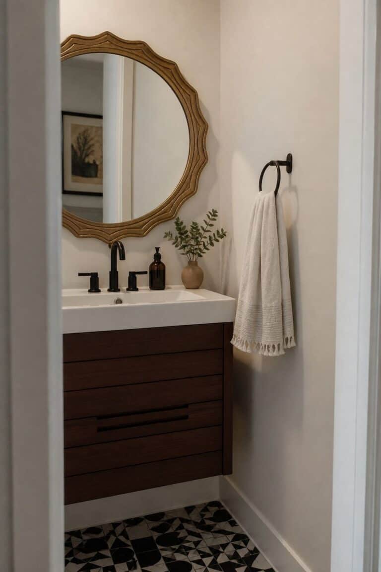 Half bathroom decor idea with hang a bold, decorative mirror above the sink in a small apartment powder room.