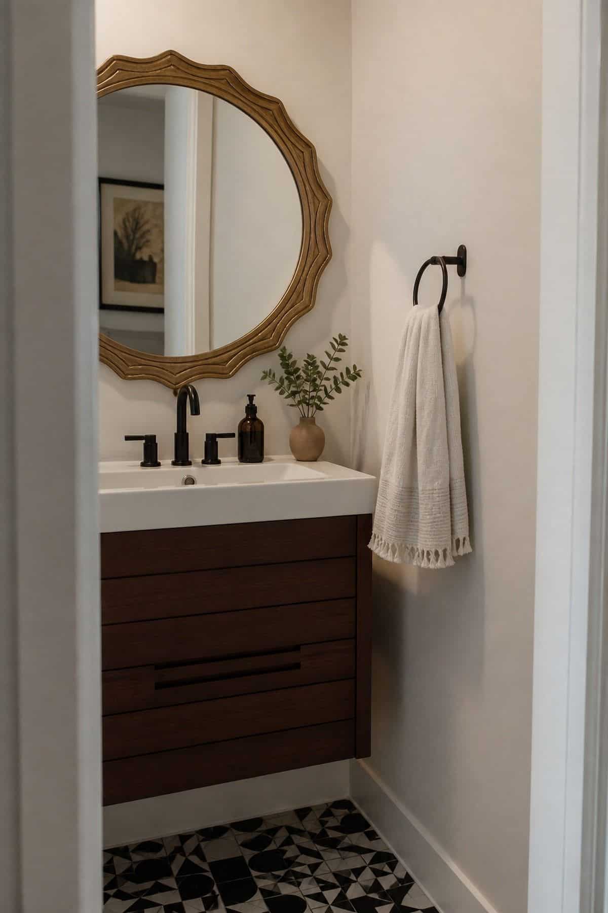 Half bathroom decor idea with hang a bold, decorative mirror above the sink in a small apartment powder room.