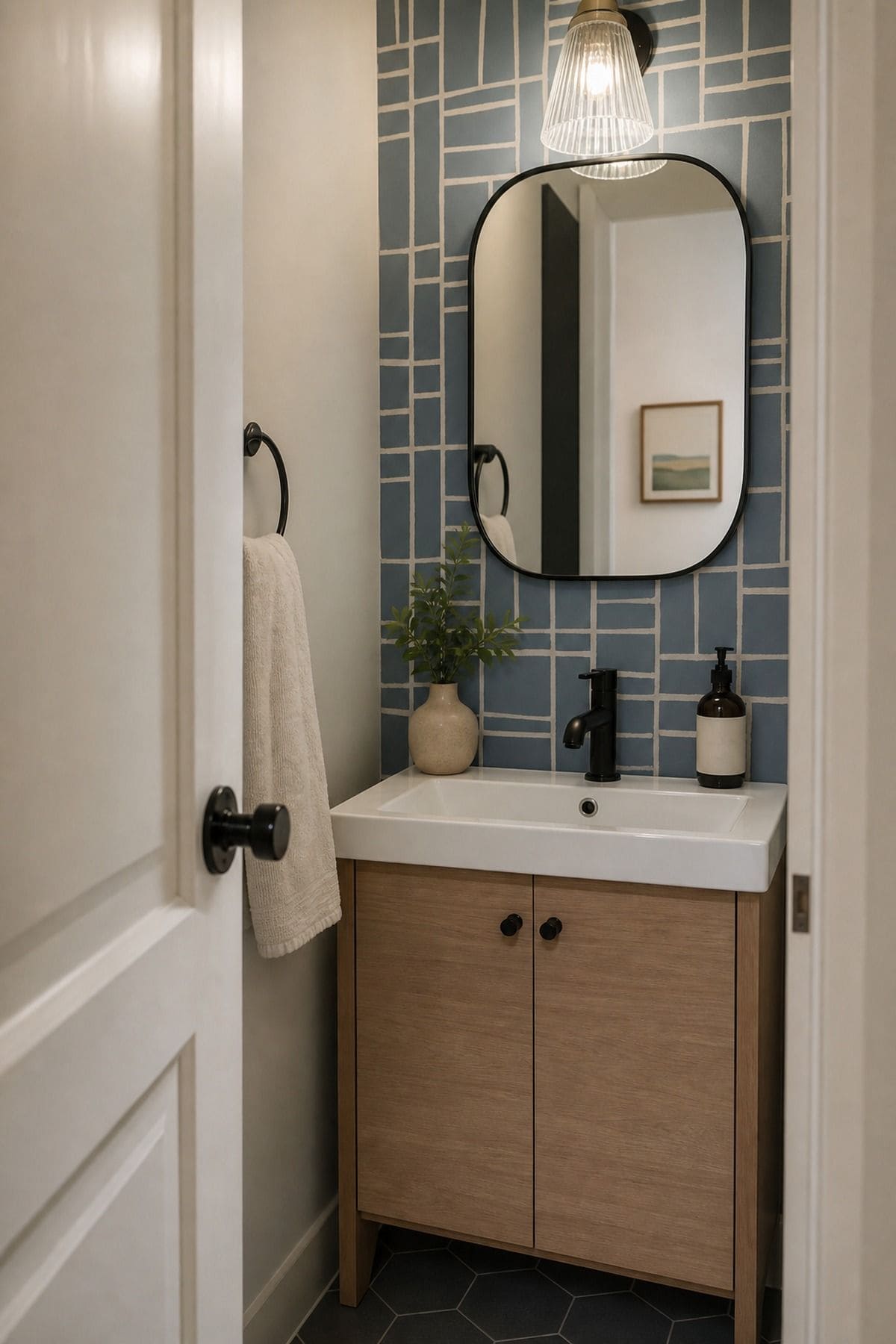Half bathroom decor idea with use eye-catching wallpaper or a painted accent wall in a small apartment powder room.