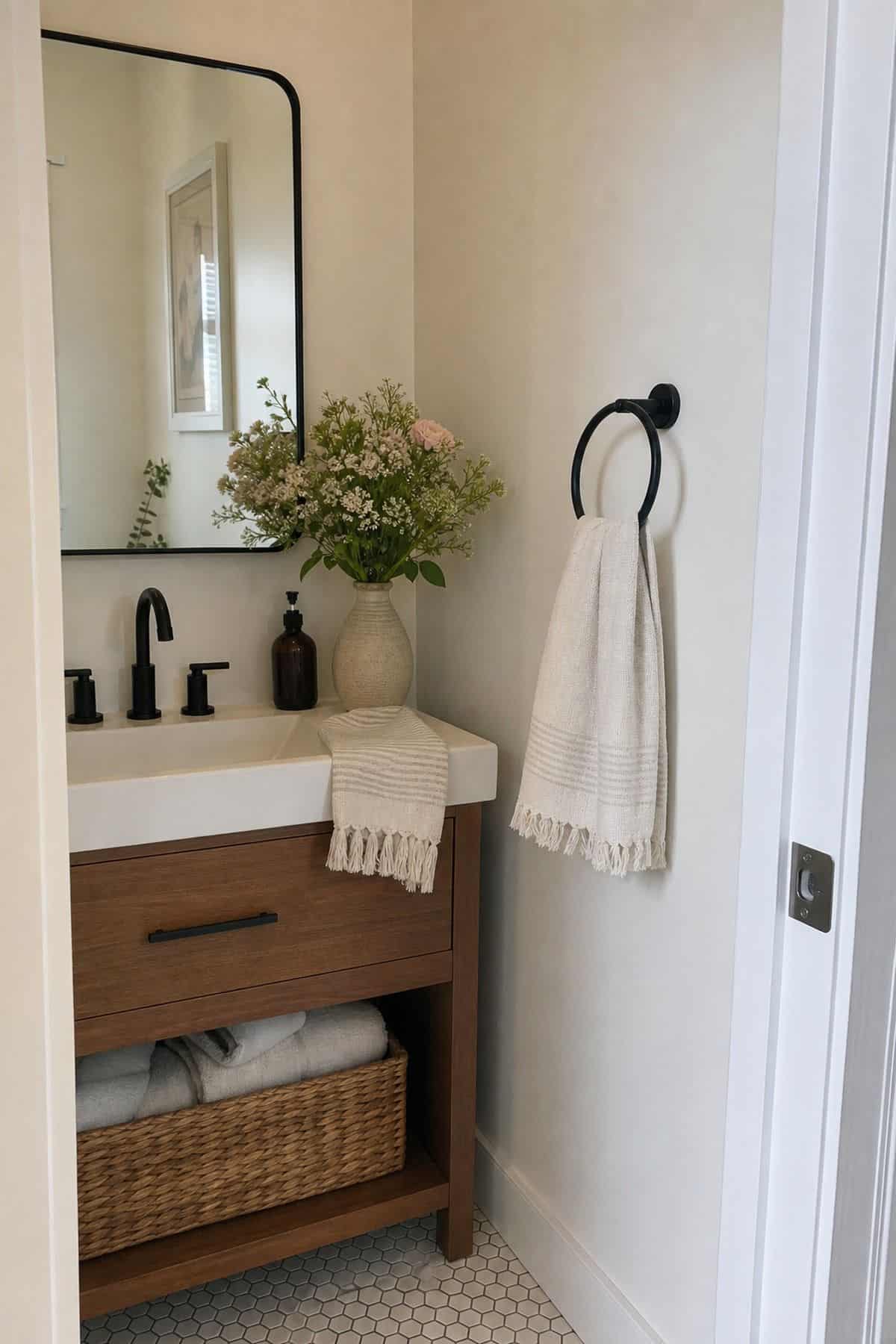 Half bathroom decor idea with add a small vase with fresh flowers or a leafy plant in a small apartment powder room.