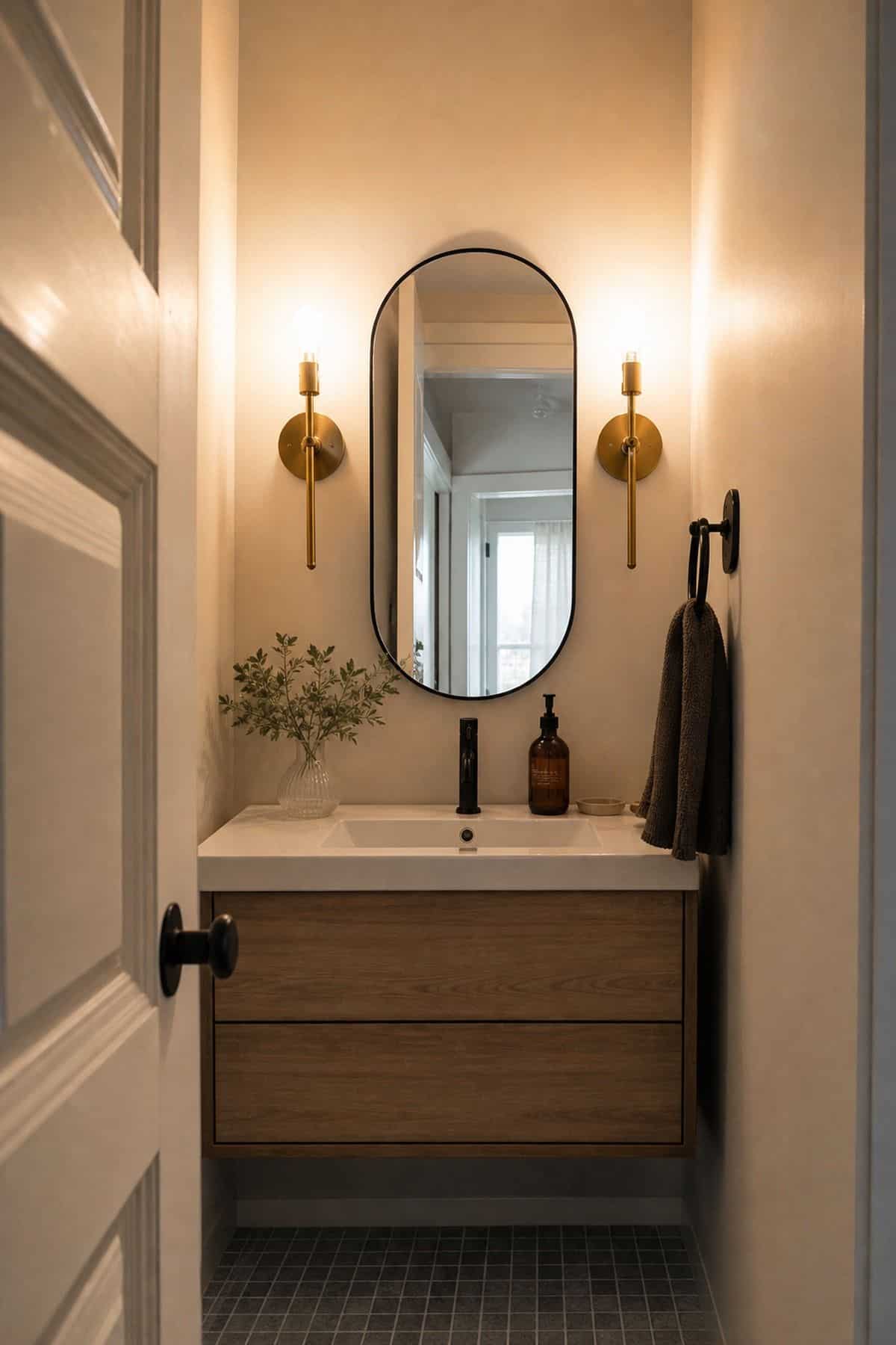 Half bathroom decor idea with install stylish sconces or interesting light fixtures in a small apartment powder room.