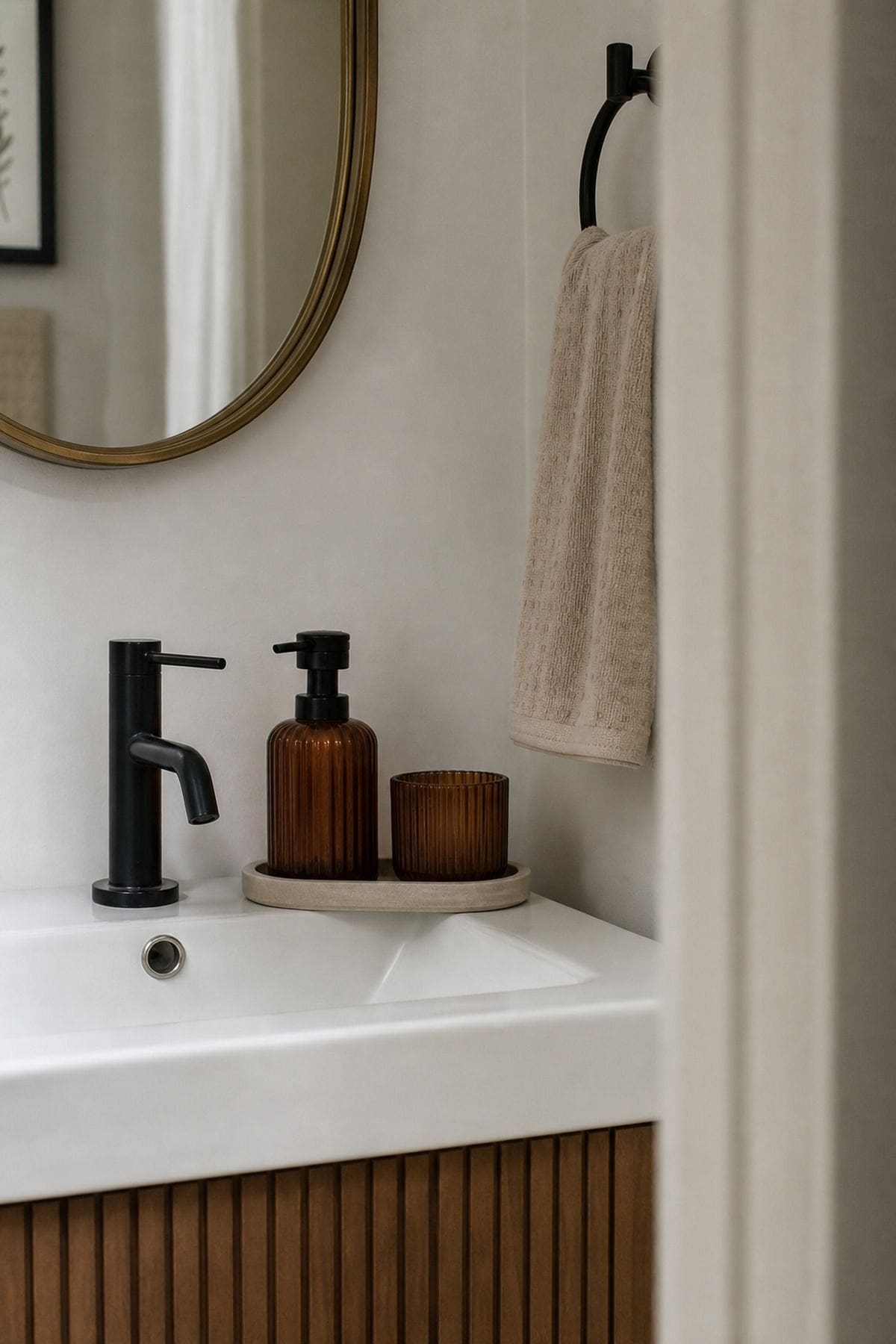 Half bathroom decor idea with place a chic soap dispenser and matching accessories in a small apartment powder room.